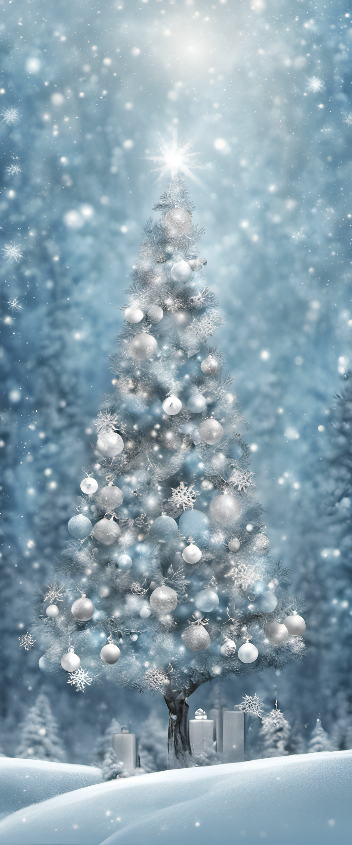 Christmas-themed wallpaper with light blue and silver design.