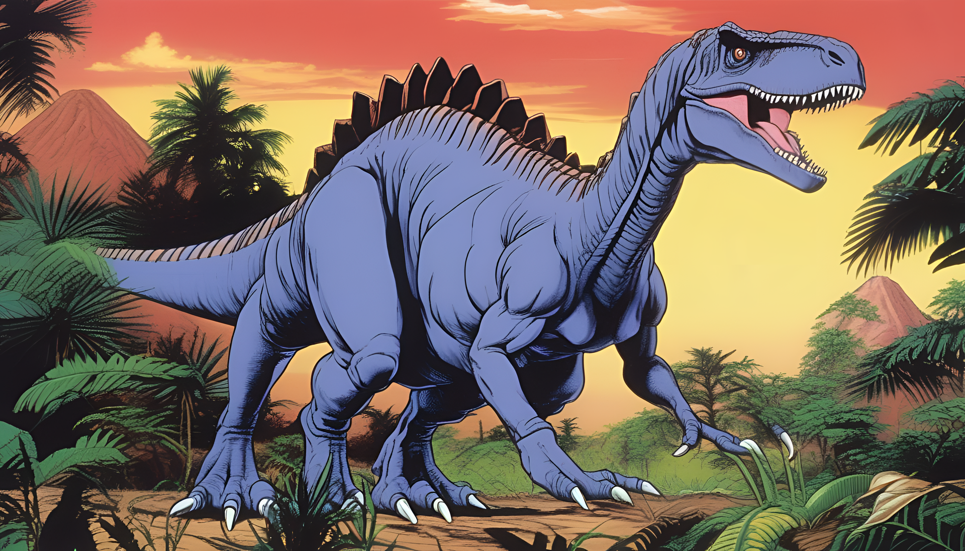 Colorful 1990s anime dinosaur in a natural landscape.