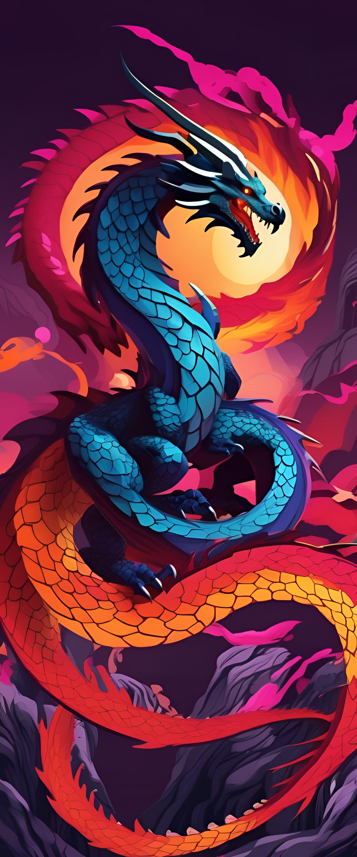 Fiery dragon clashes with vibrant colors in this dynamic phone wallpaper.