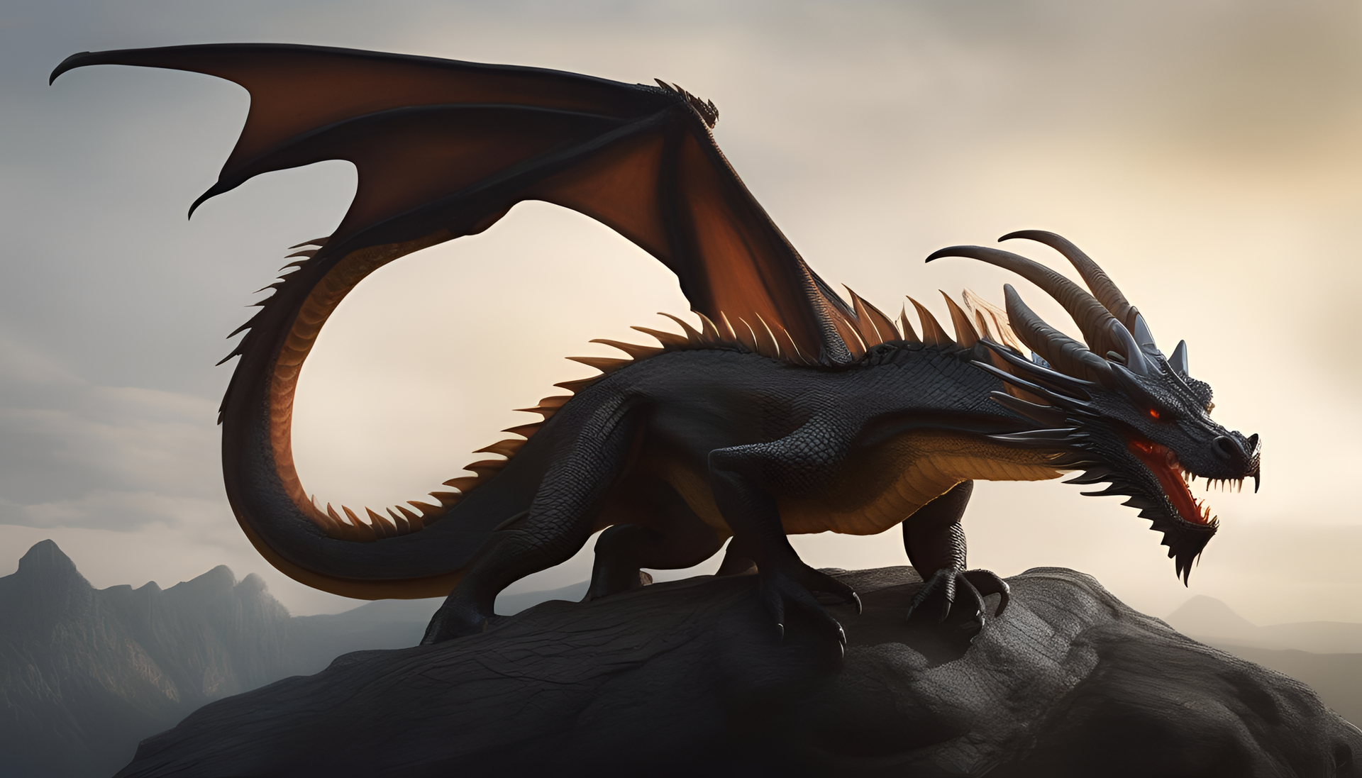 Majestic dragon flying through a fiery sky.