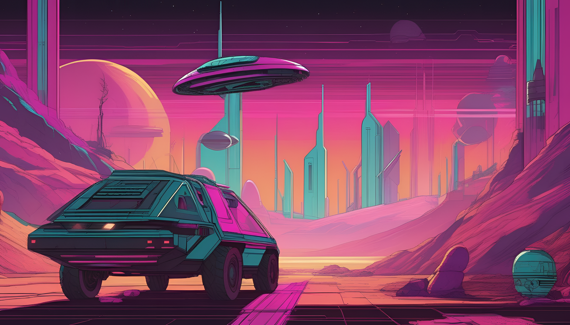 Colorful sci-fi Easter scene with retro vibes