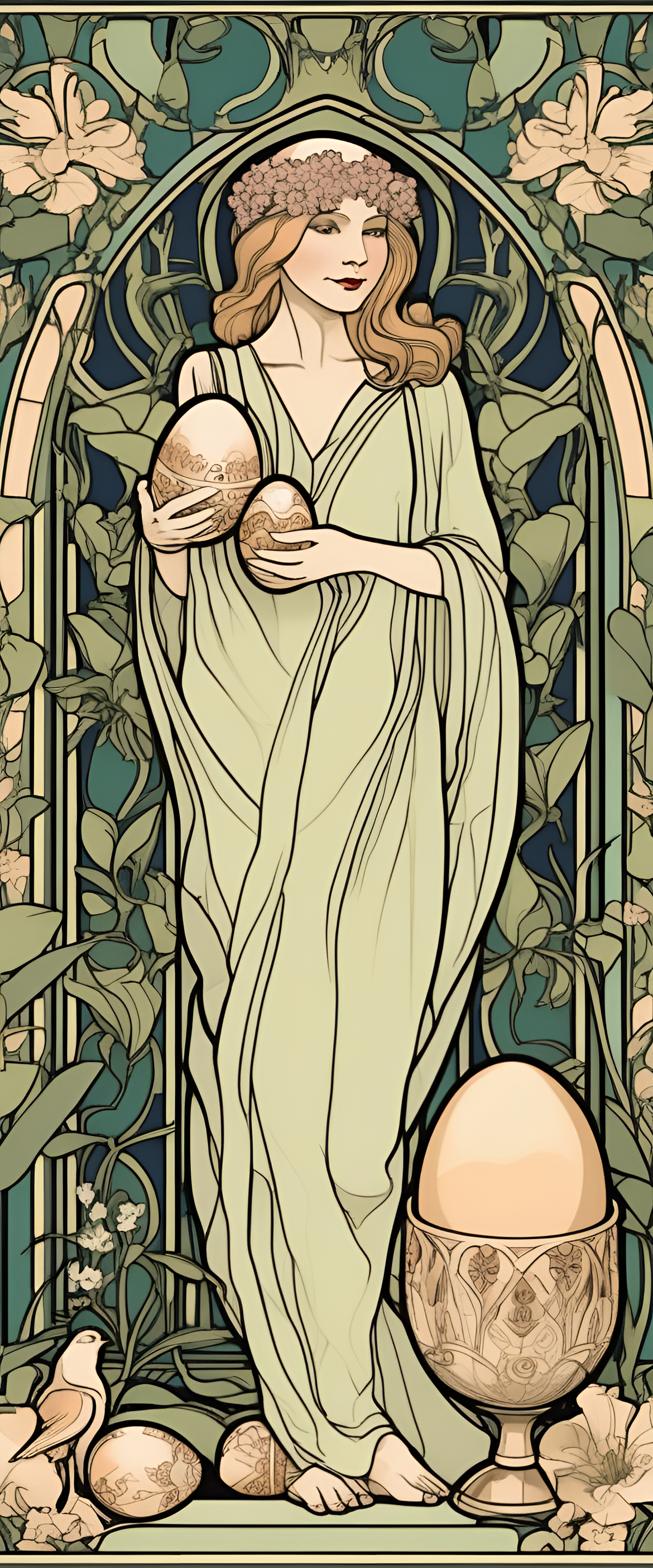 Stylized Easter-themed Art Nouveau wallpaper.