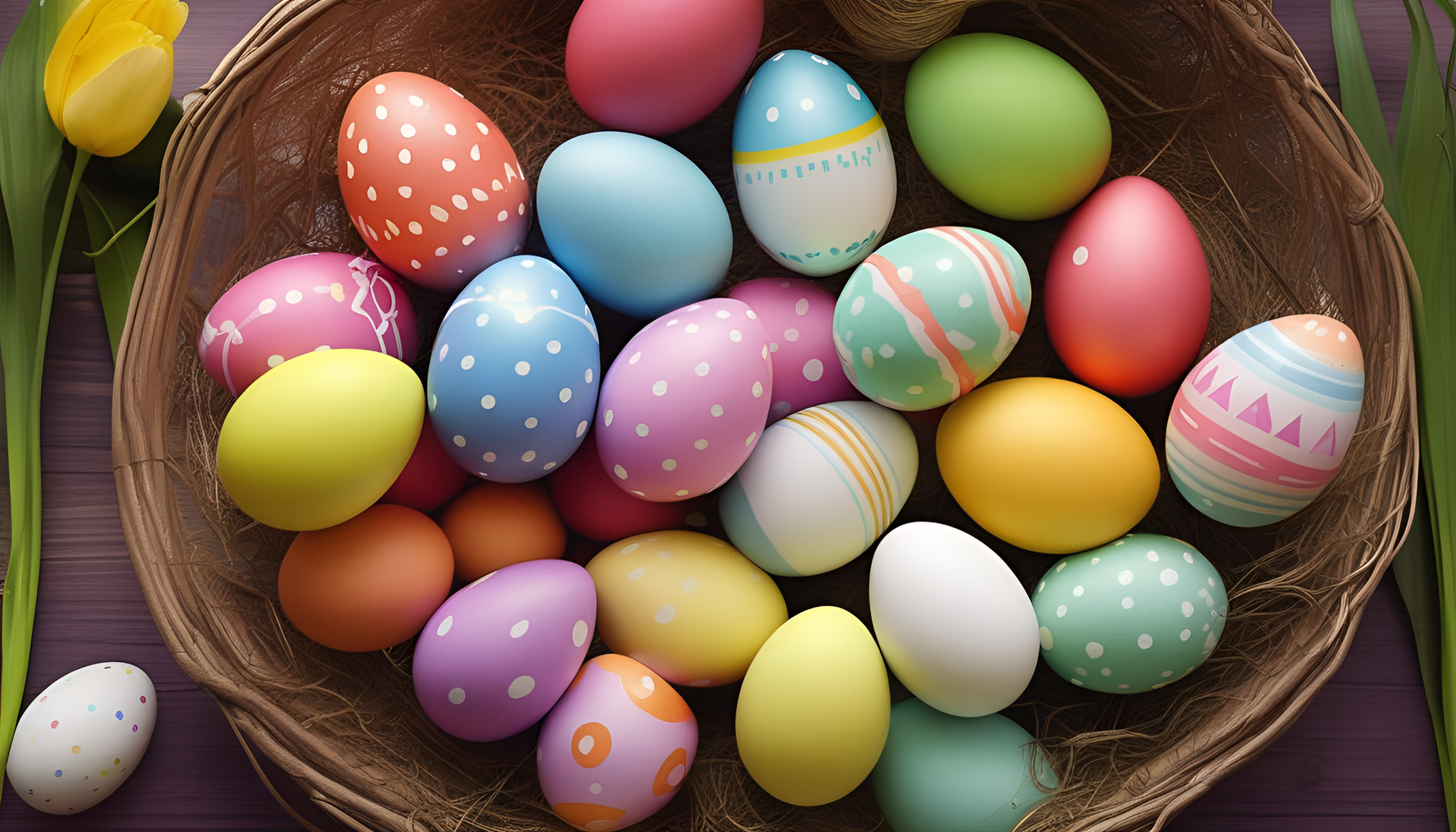 Colorful Easter eggs on a playful background.