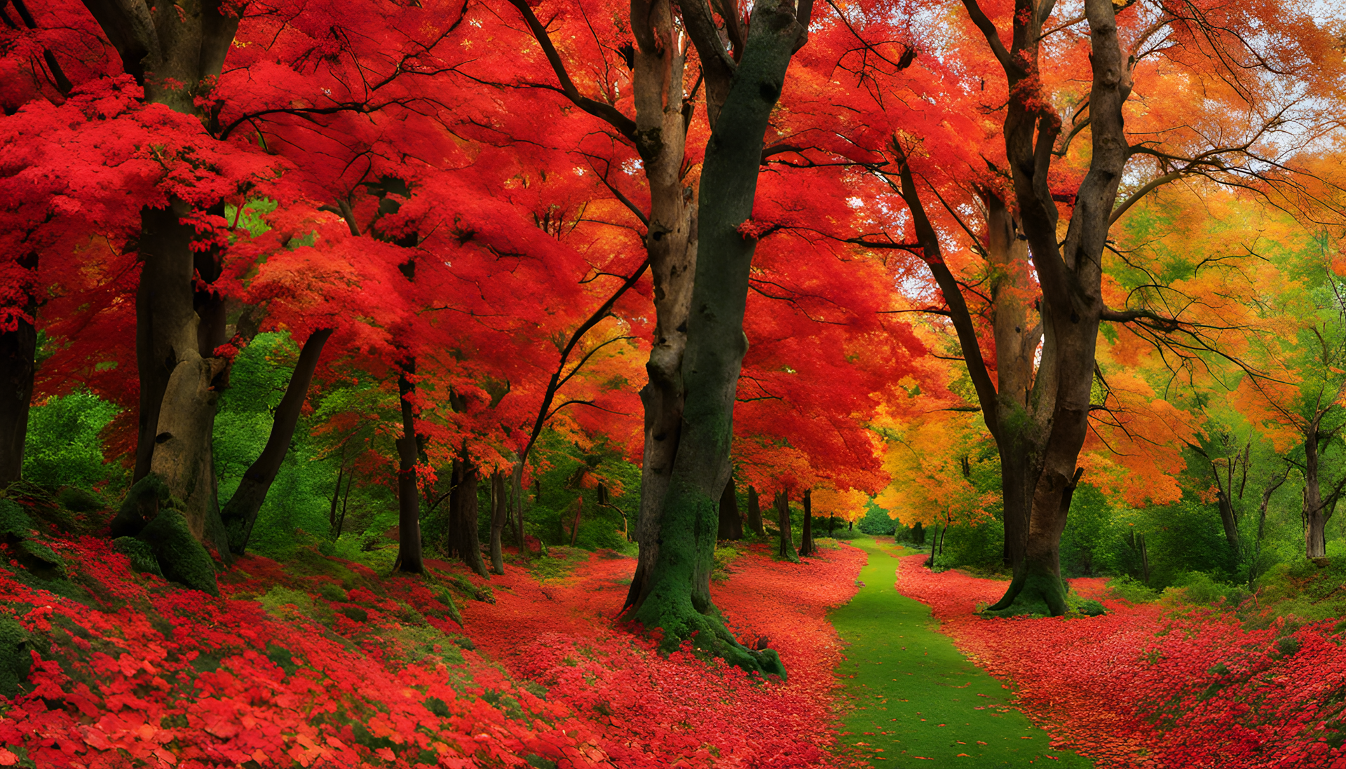 Vibrant autumnal colors in red and green leaves.