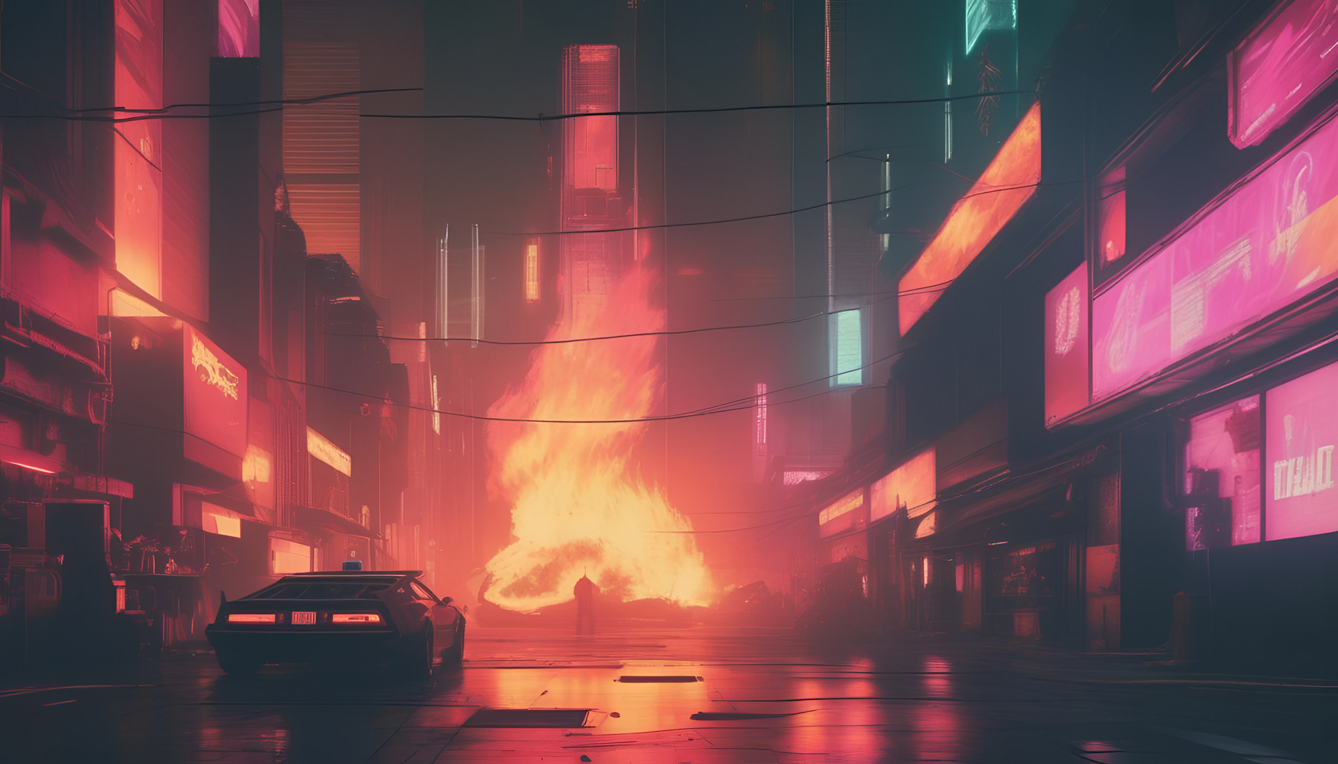 Fiery cyberpunk scene with vibrant colors and retro vibe