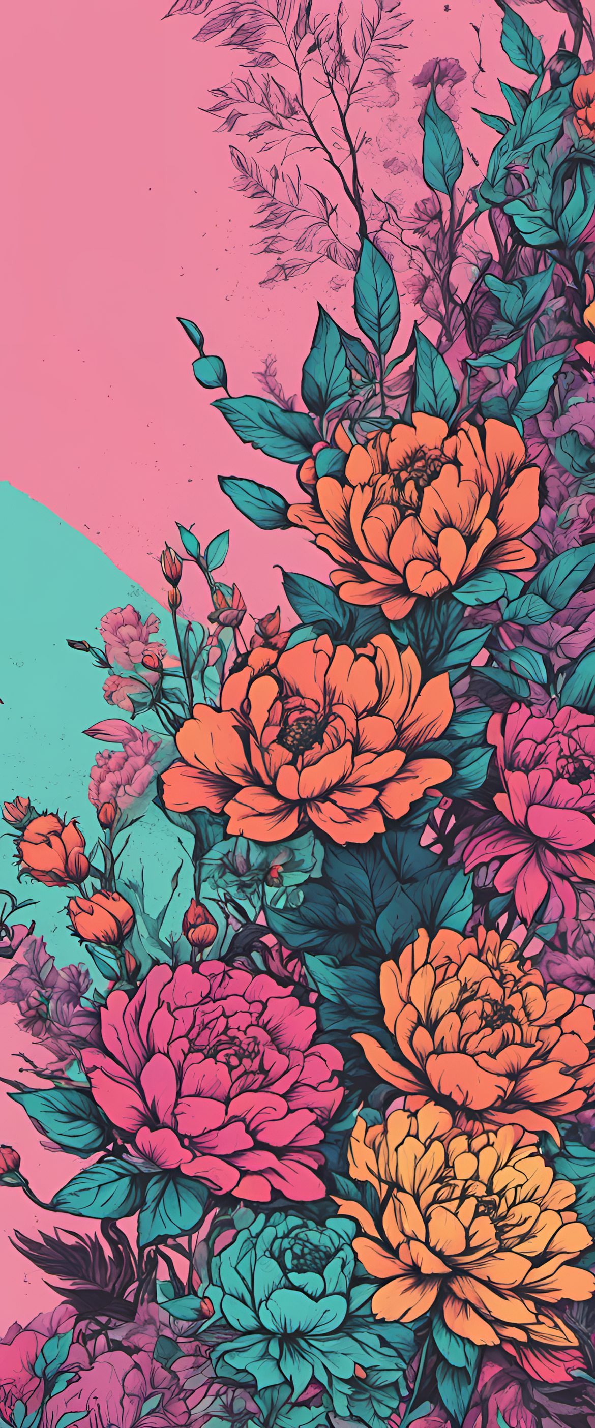 Vibrant floral wallpaper with a punkcore design on colorful background.