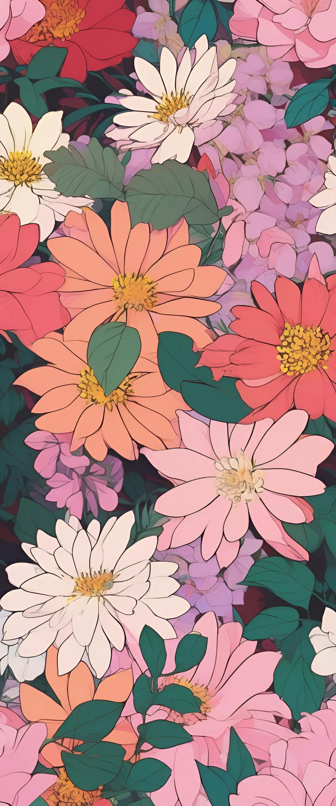 Colorful 1990s anime-inspired flower wallpaper.