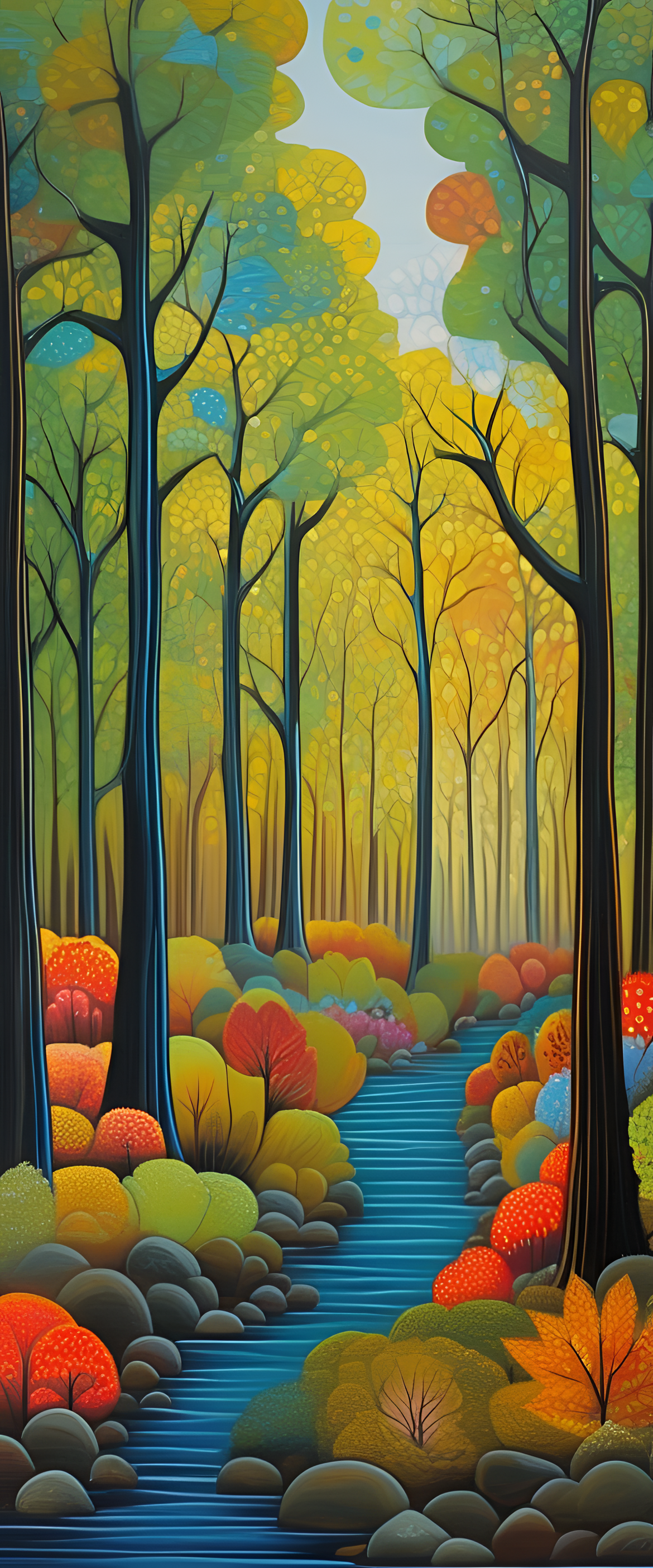 Majestic forest artwork featuring vibrant colors and a naive art style.