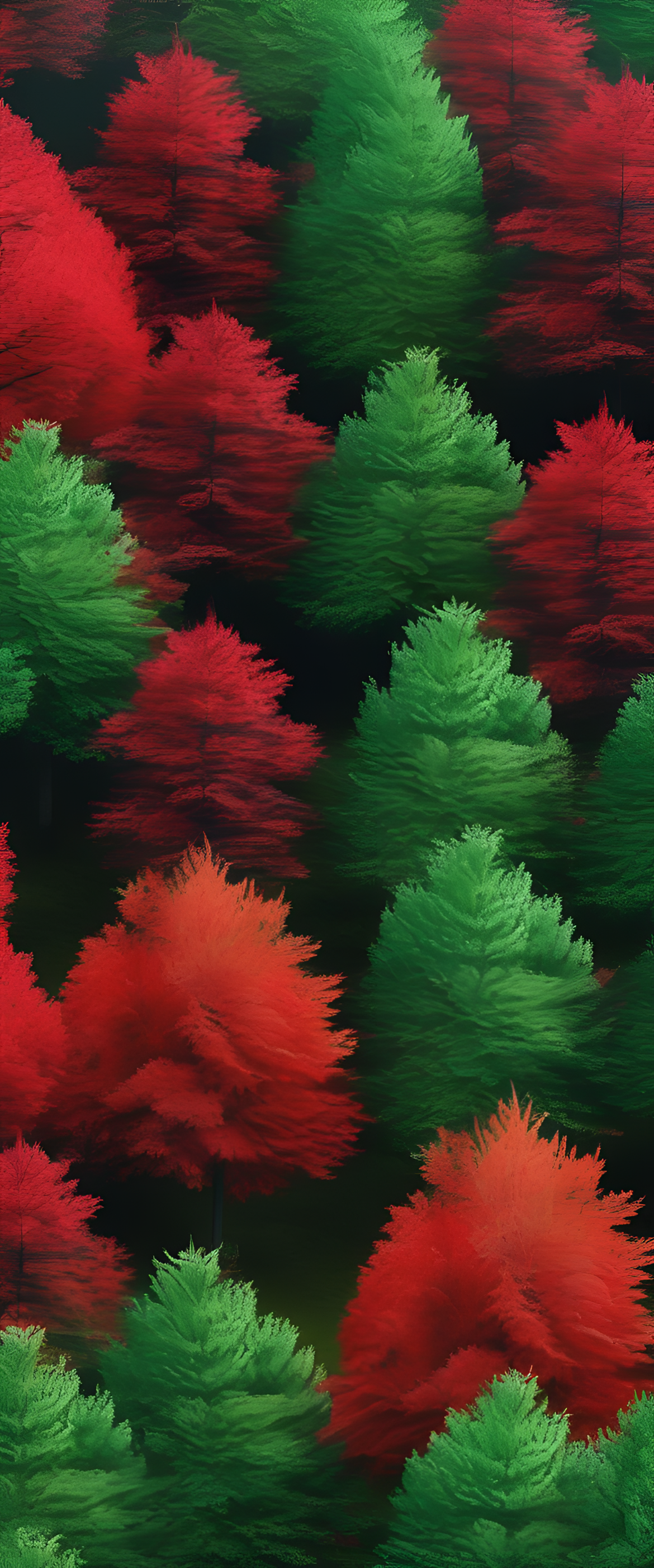 Vibrant wallpaper featuring a forest landscape in red and green.