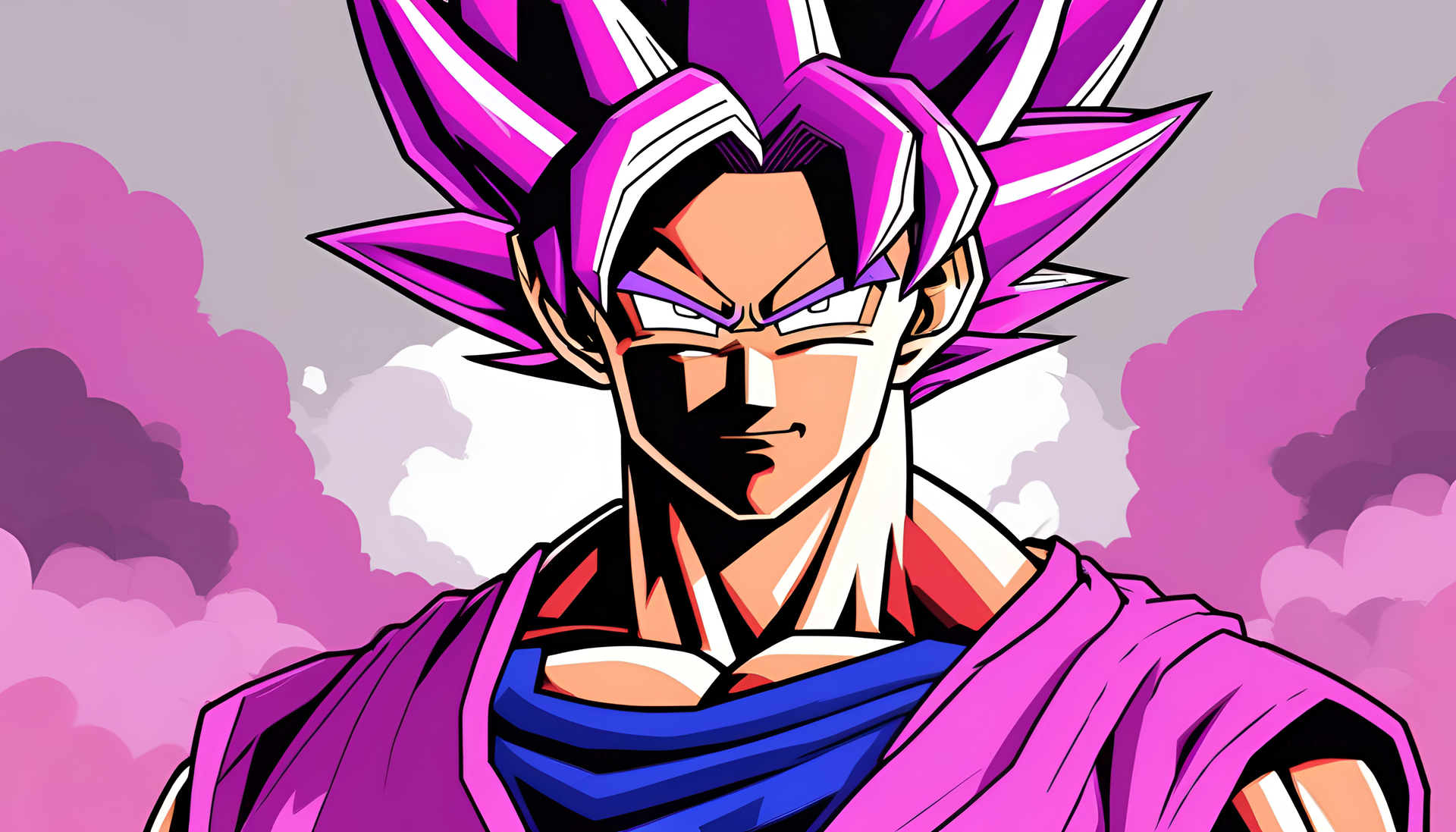 Goku in vibrant pink and purple colors on a desktop wallpaper.