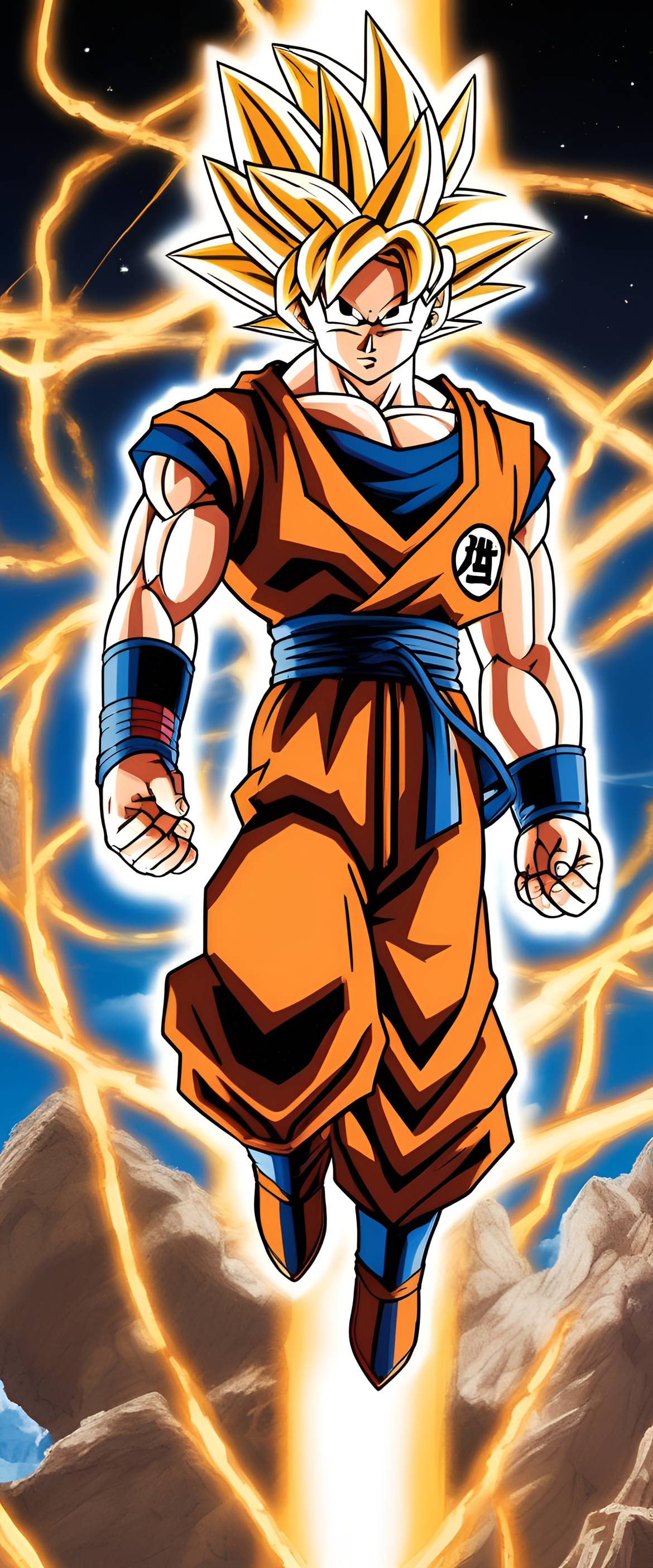 Goku in dynamic pose with fiery energy.