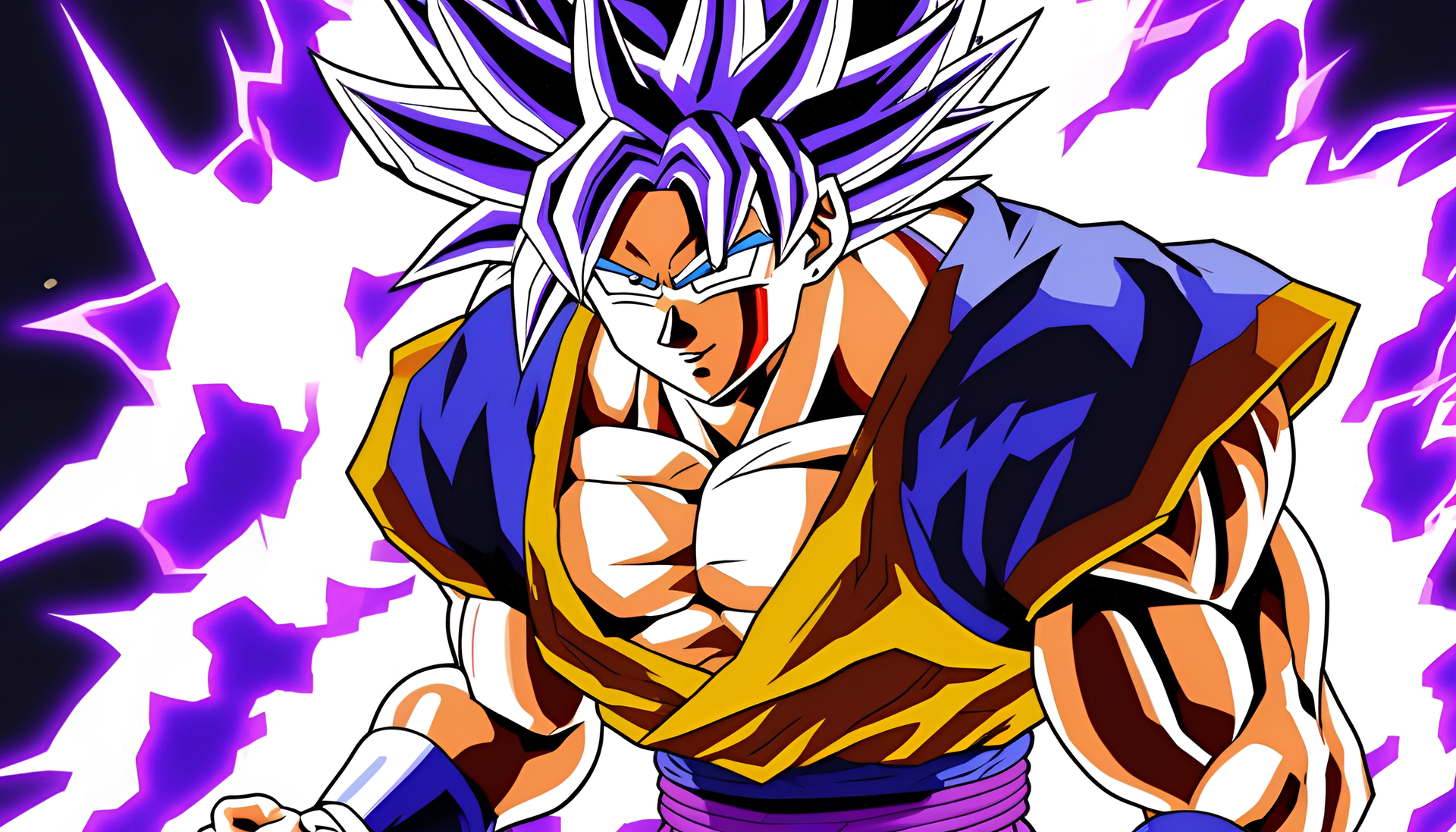 Explosive power radiates from Goku as he taps into Ultra Instinct amidst vibrant purple and yellow hues.