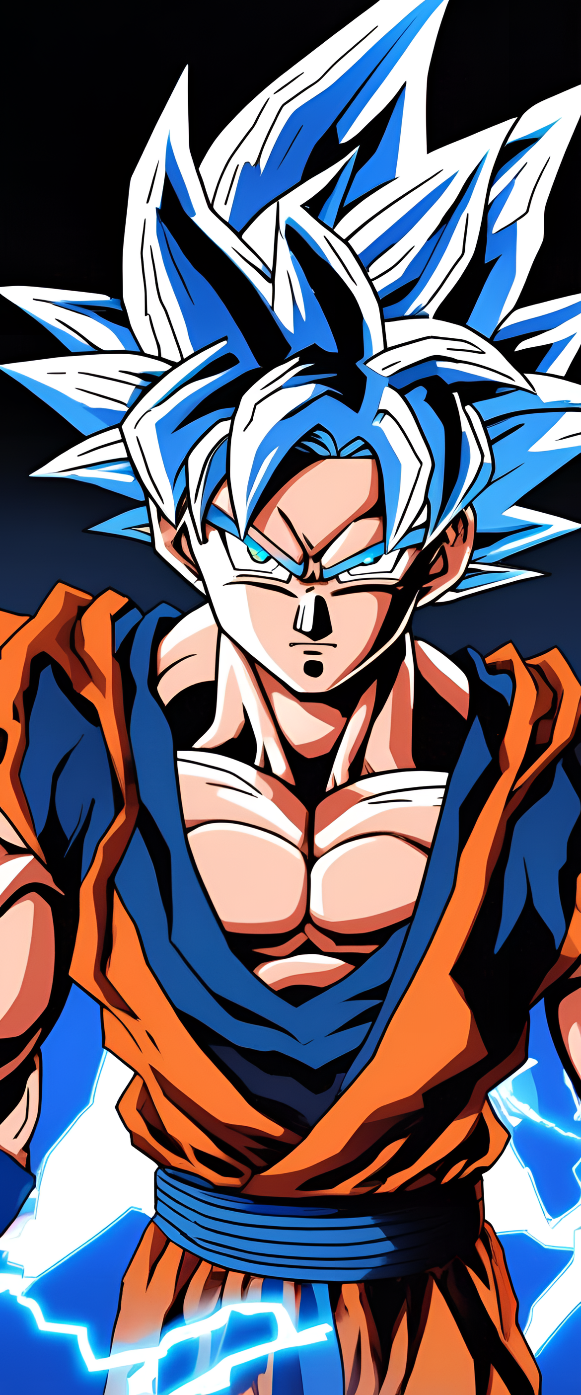 Futuristic Goku in ultra instinct form, ready for battle.