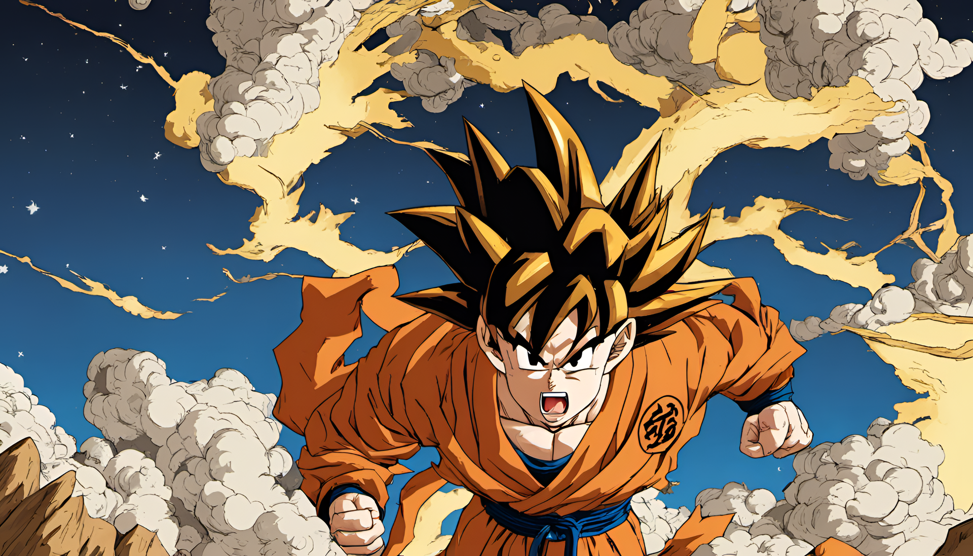 Powerful warrior Goku in an intense pose, exuding energy and determination.