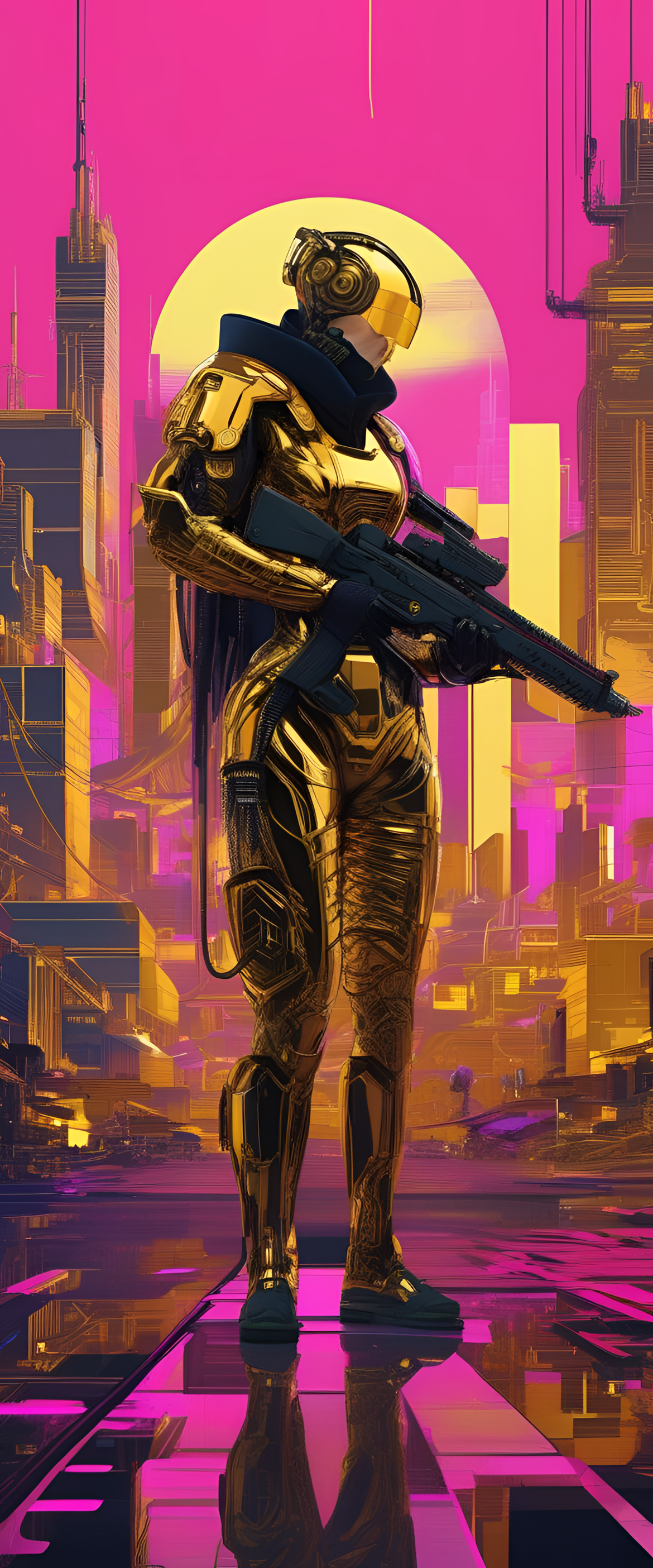 Vibrant cyberpunk-inspired gold digital art wallpaper.