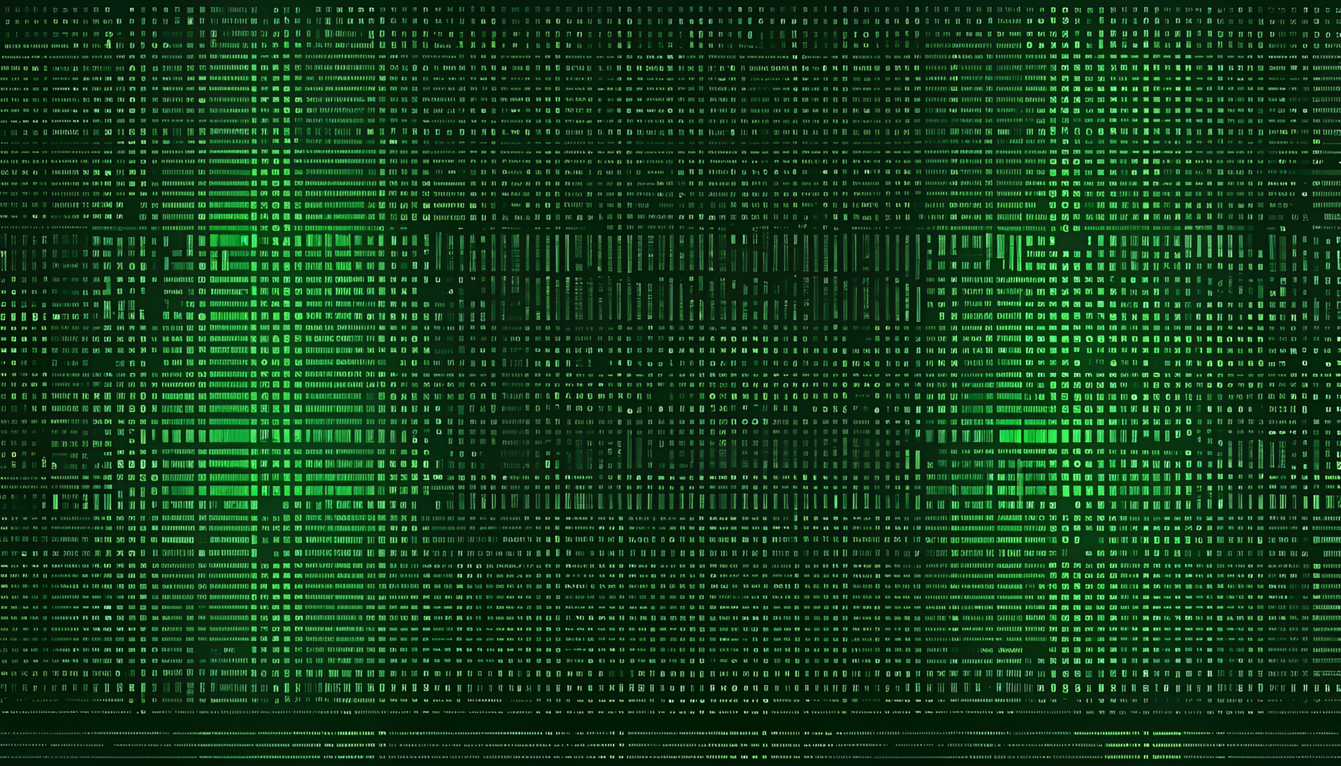 Abstract green background with ASCII art-like patterns.