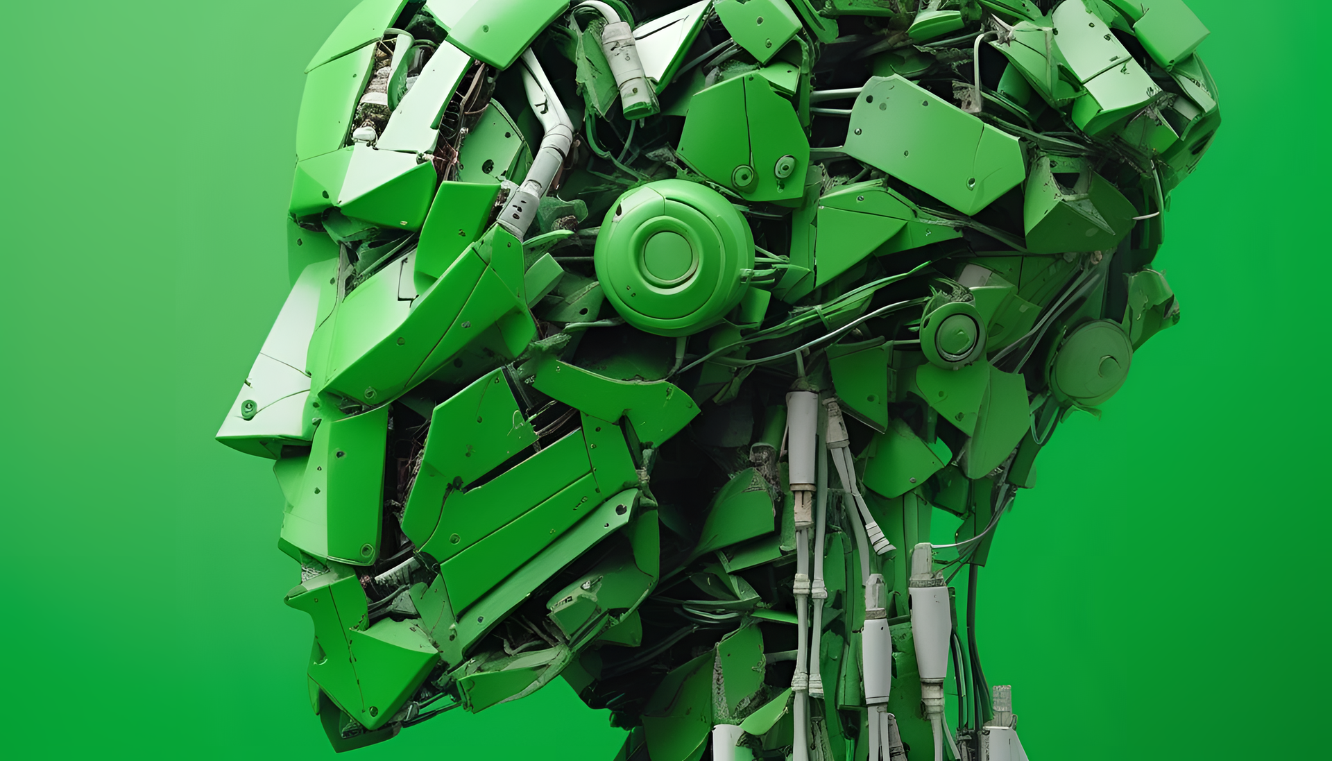 Cracked robotic sculpture against a deconstructive, green background.