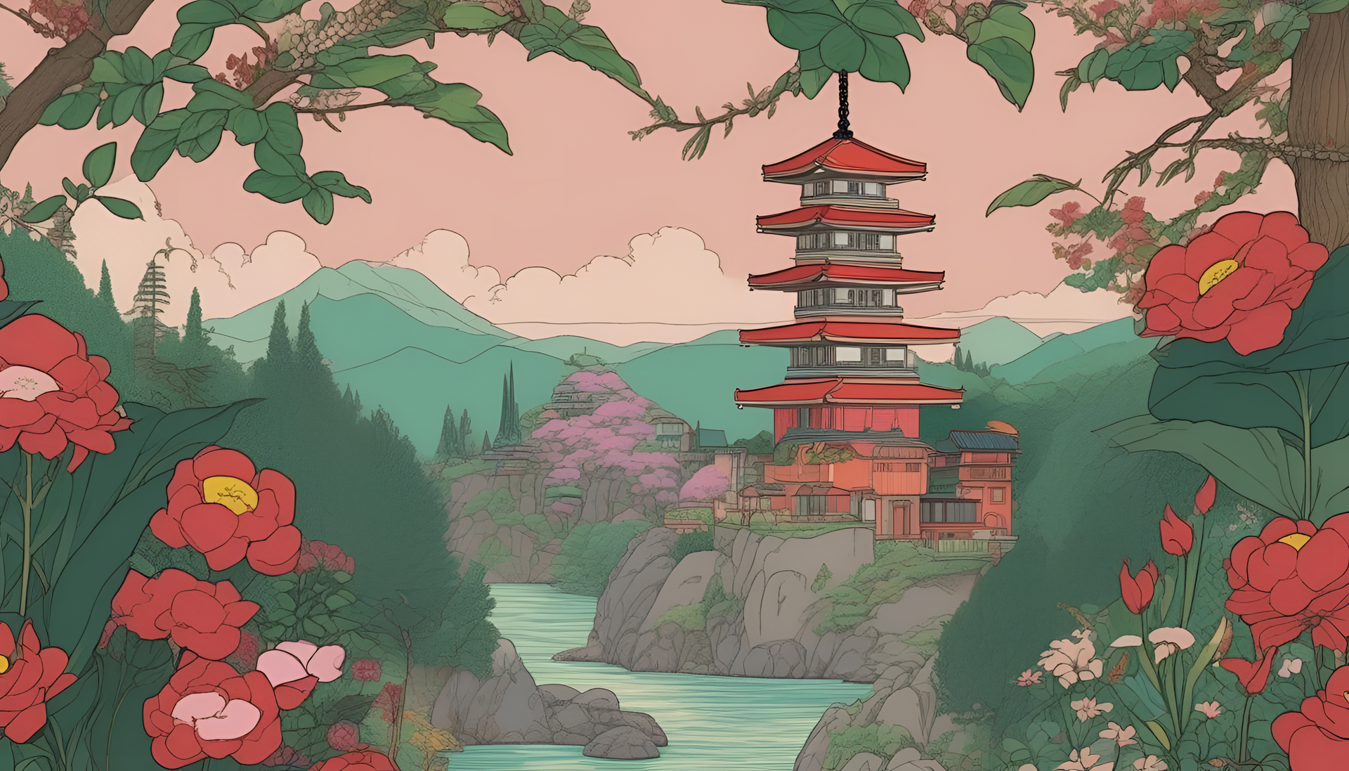 Colorful Ghibli-inspired Gucci wallpaper with a scenic design.