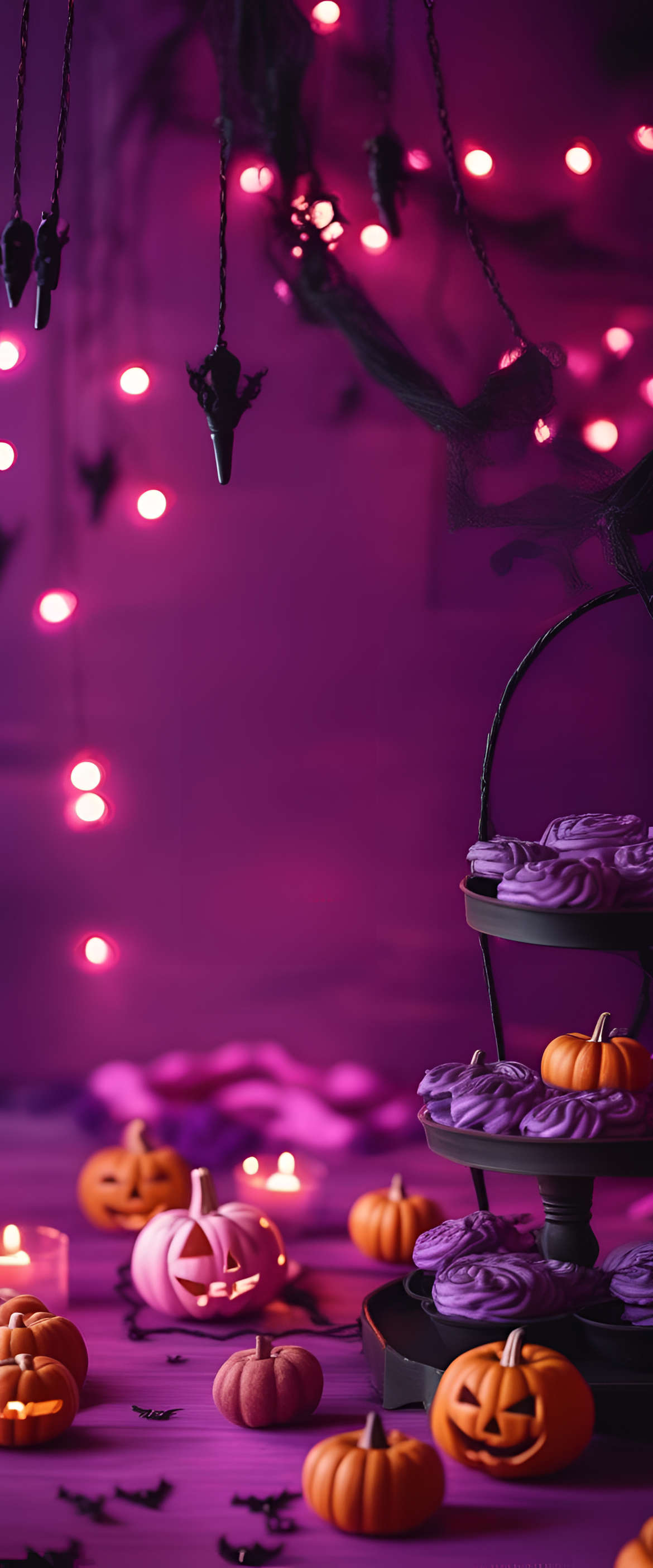 Pink and purple Halloween-themed background with cinematic lighting.