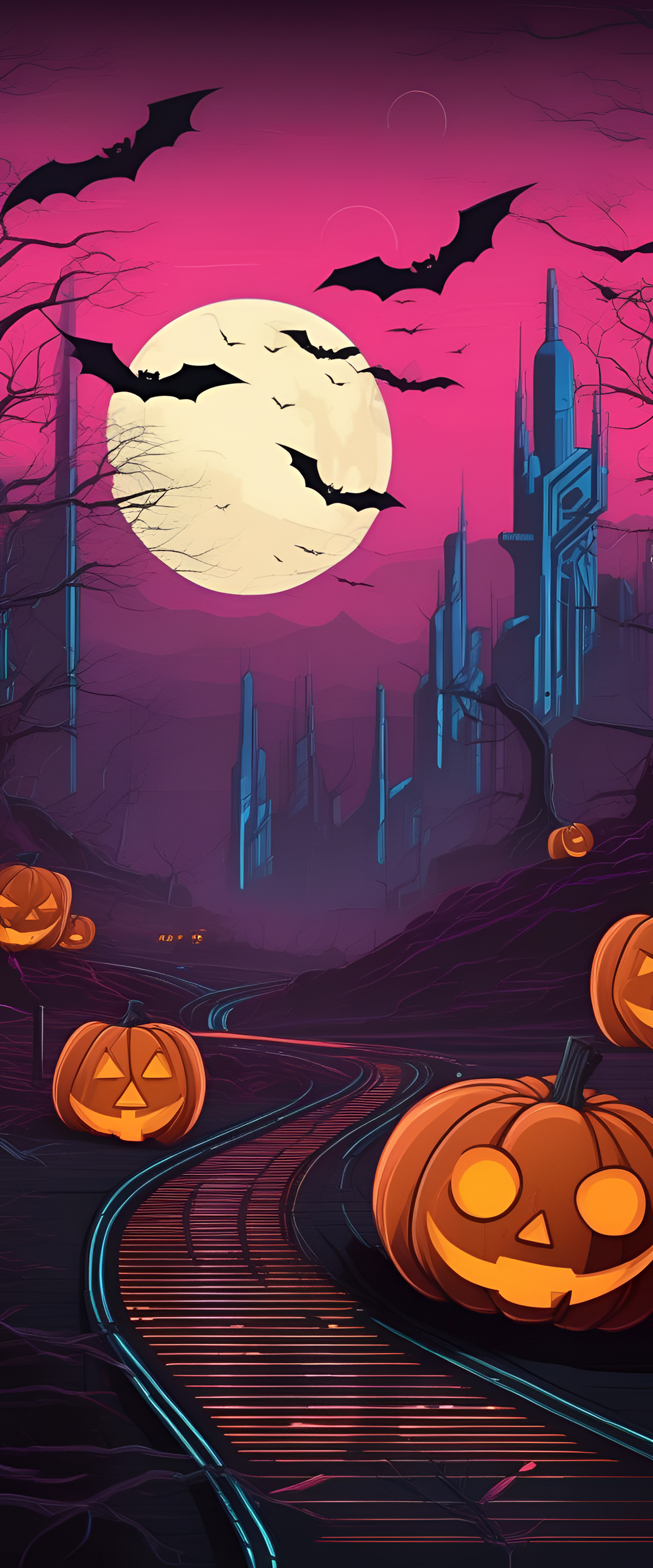 80's sci-fi-inspired Halloween background. Super detailed and captivating design.