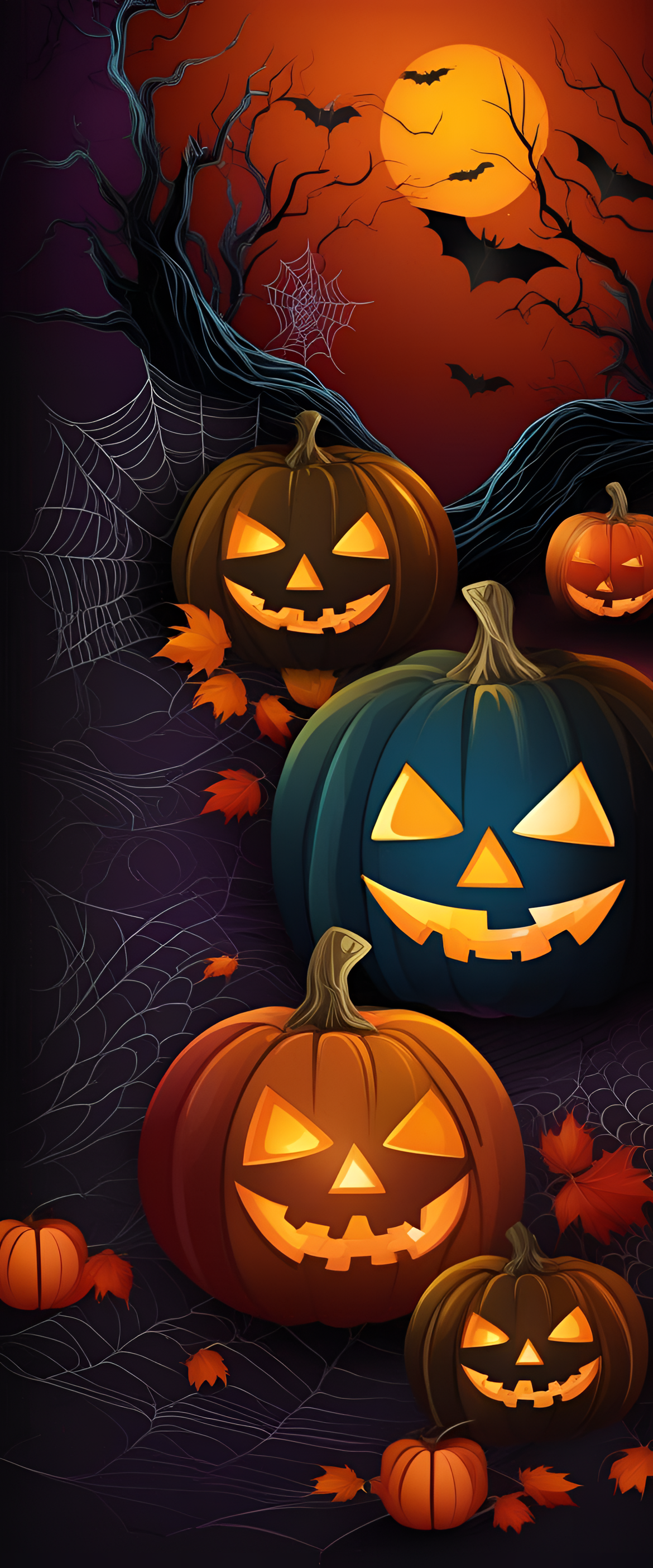 Triadic colors Halloween background with pumpkins, bats, and ghosts.