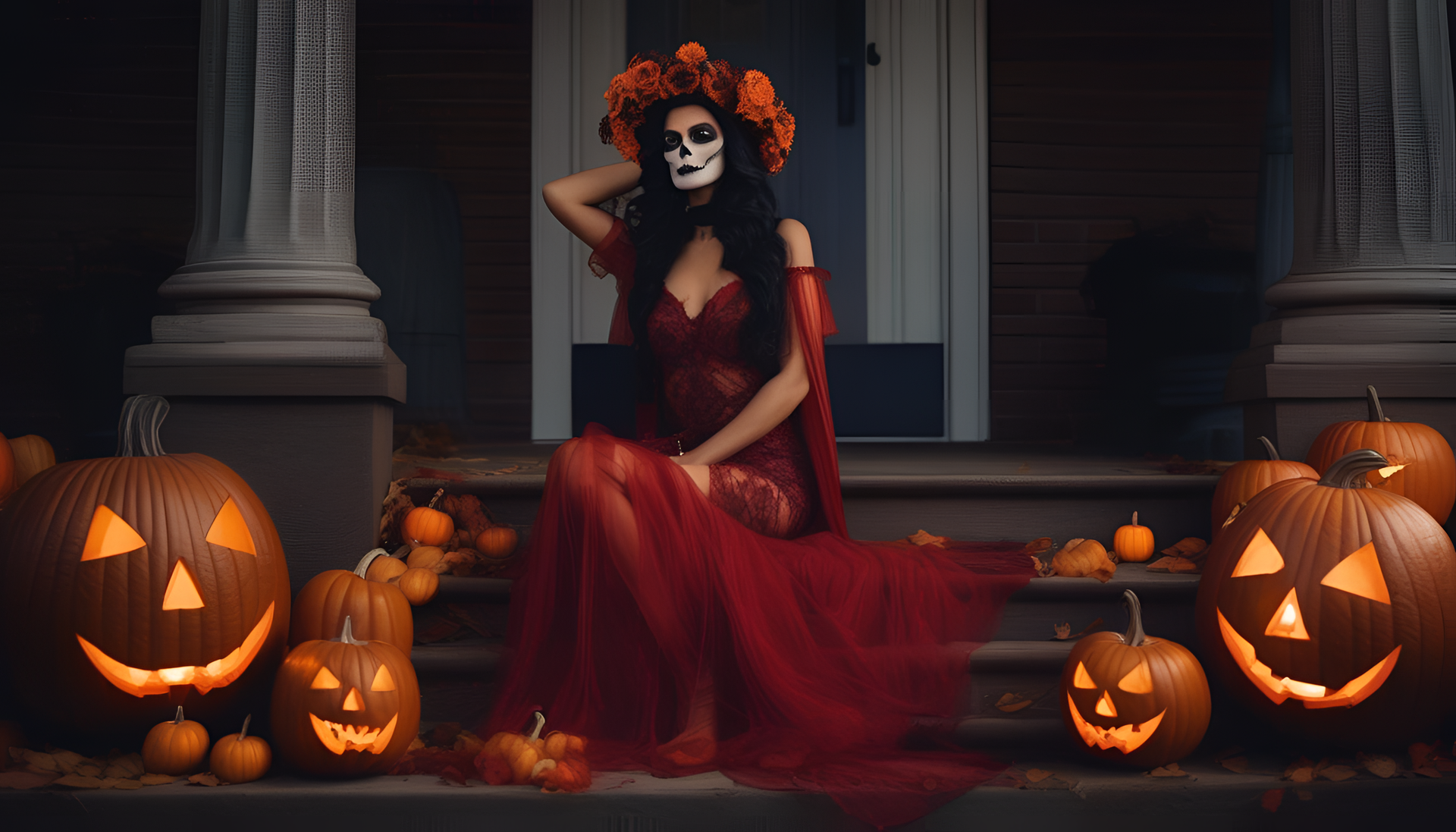 Halloween-themed desktop wallpaper with detailed photoshoot style.