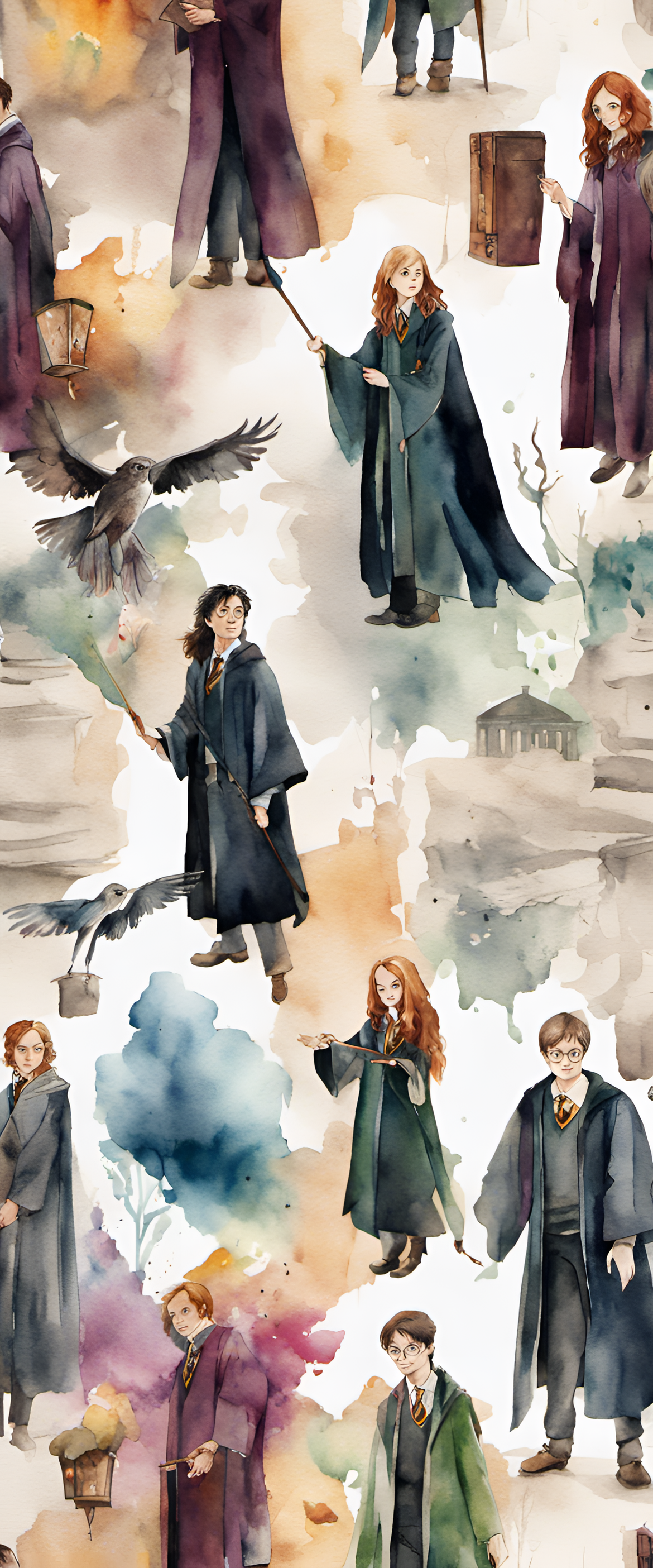 Harry Potter watercolor wallpaper with iconic elements, like the Hogwarts crest, wand, and glasses.