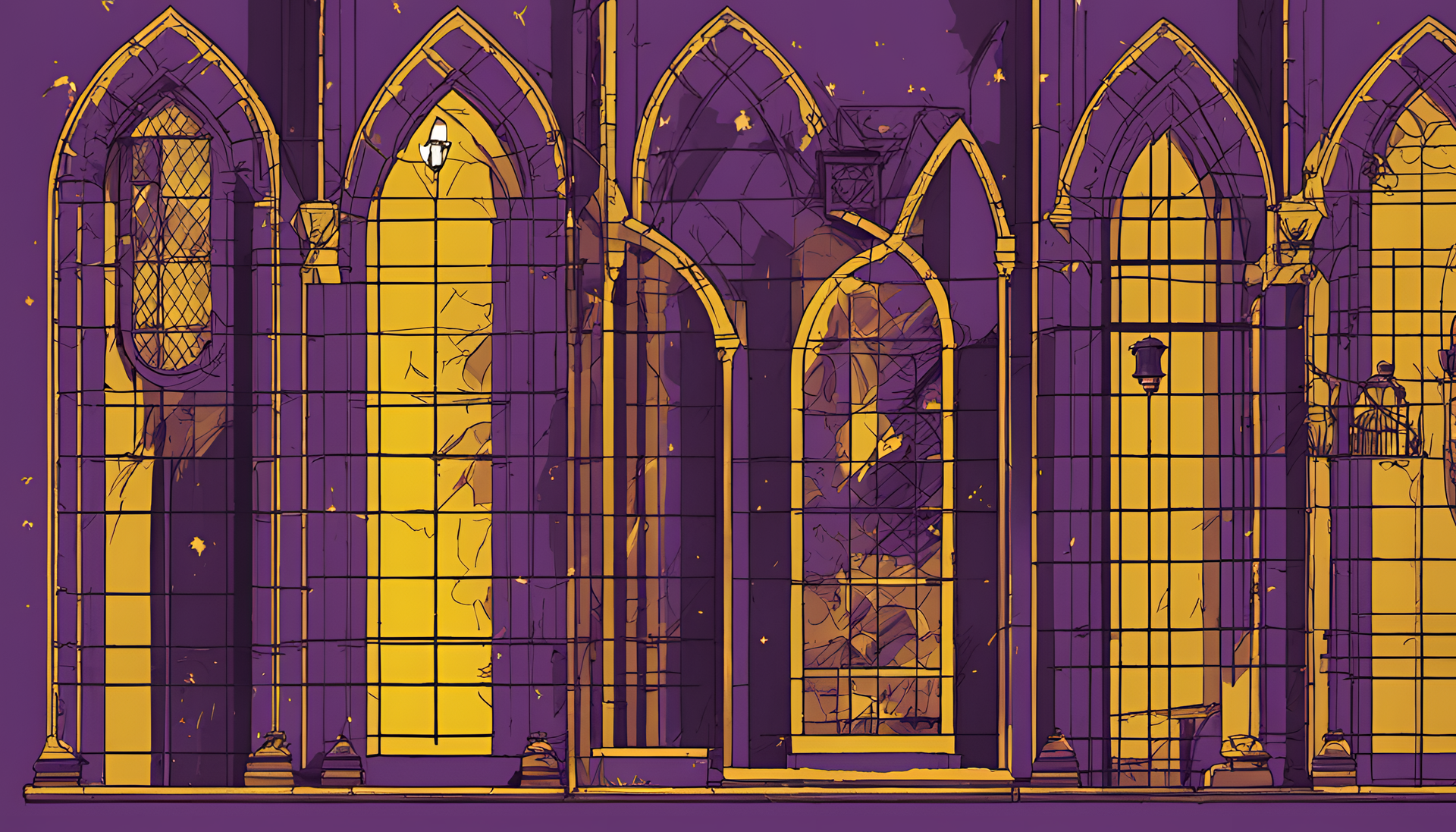 Magical Hogwarts-themed wallpaper featuring vivid purple and yellow colors.