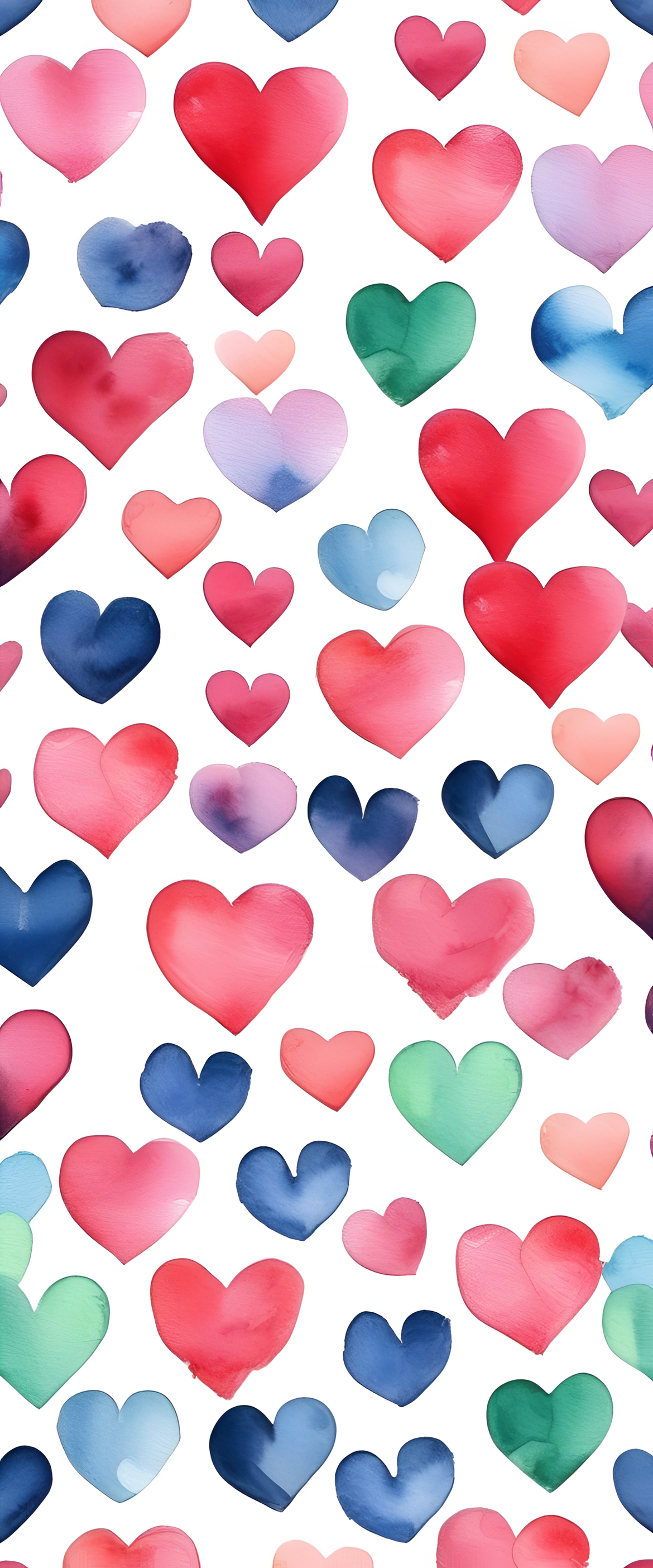 Colorful watercolor hearts on a phone wallpaper.