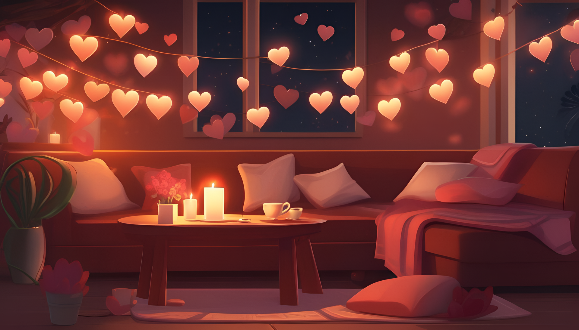 Hearts glowing in a warm, evening ambiance.