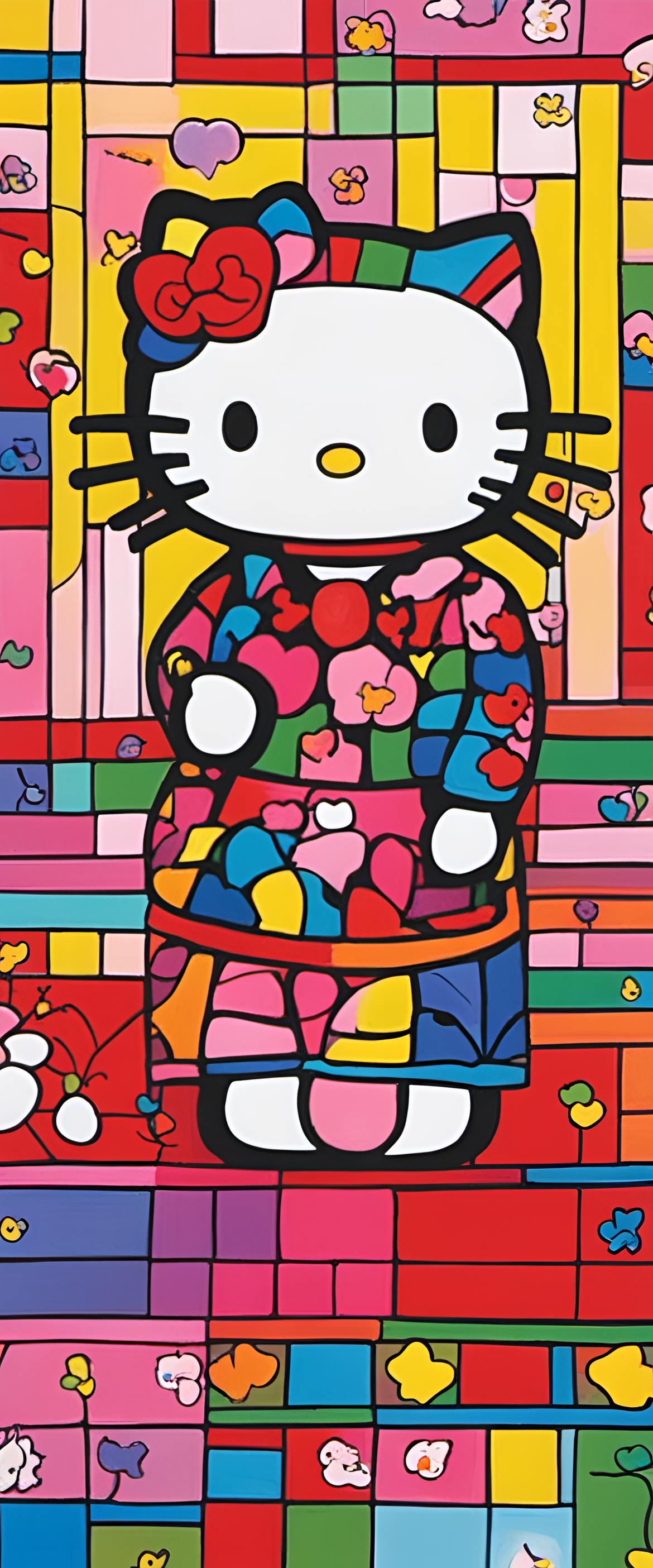 Triadic colored Hello Kitty in a naive art style.