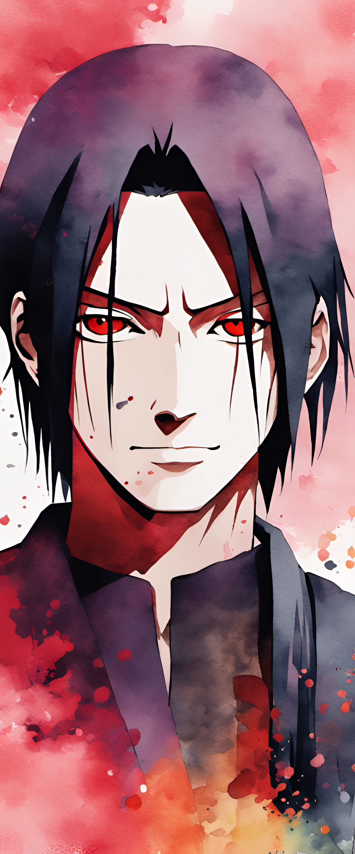 Colorful watercolor artwork of Itachi, a character from Naruto, on a phone wallpaper.