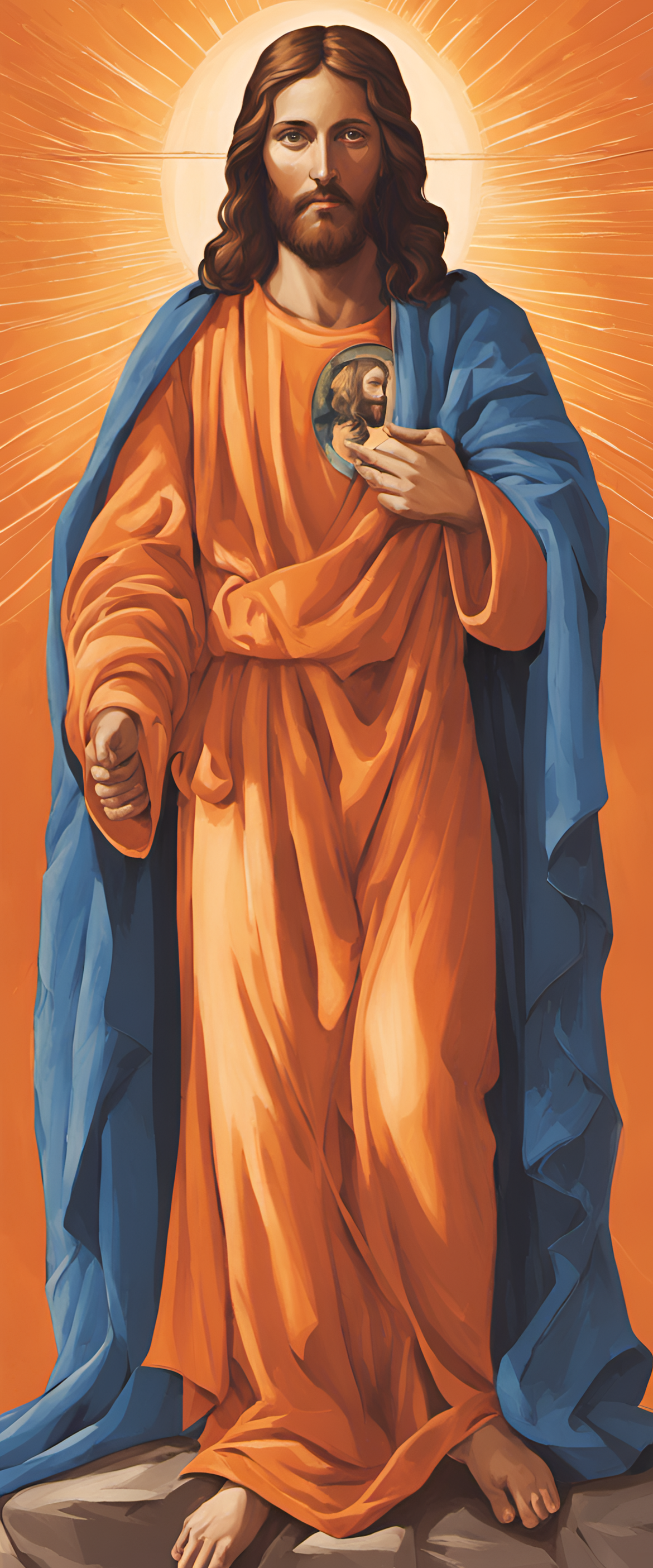 Abstract depiction of Jesus featuring vibrant blue and orange hues.