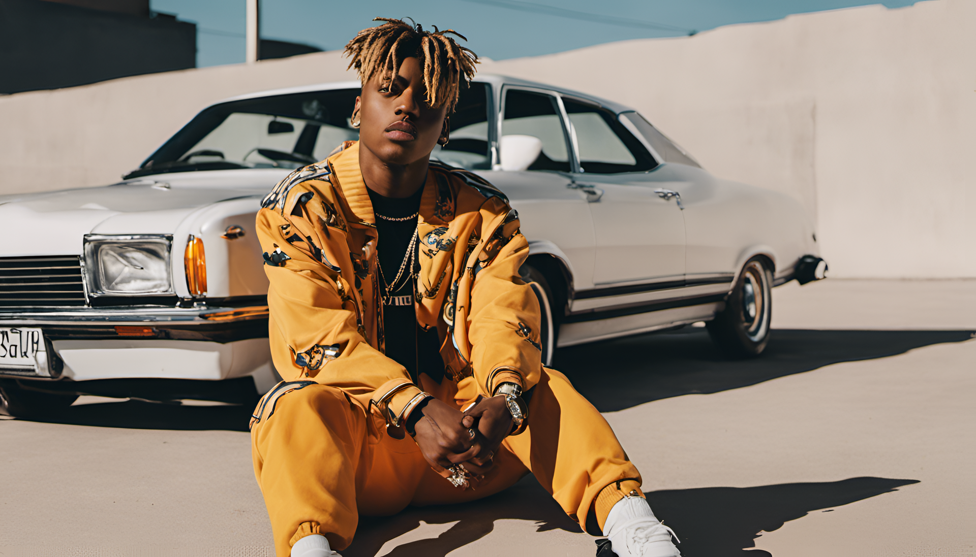 Juice Wrld in a stylish photoshoot setup.