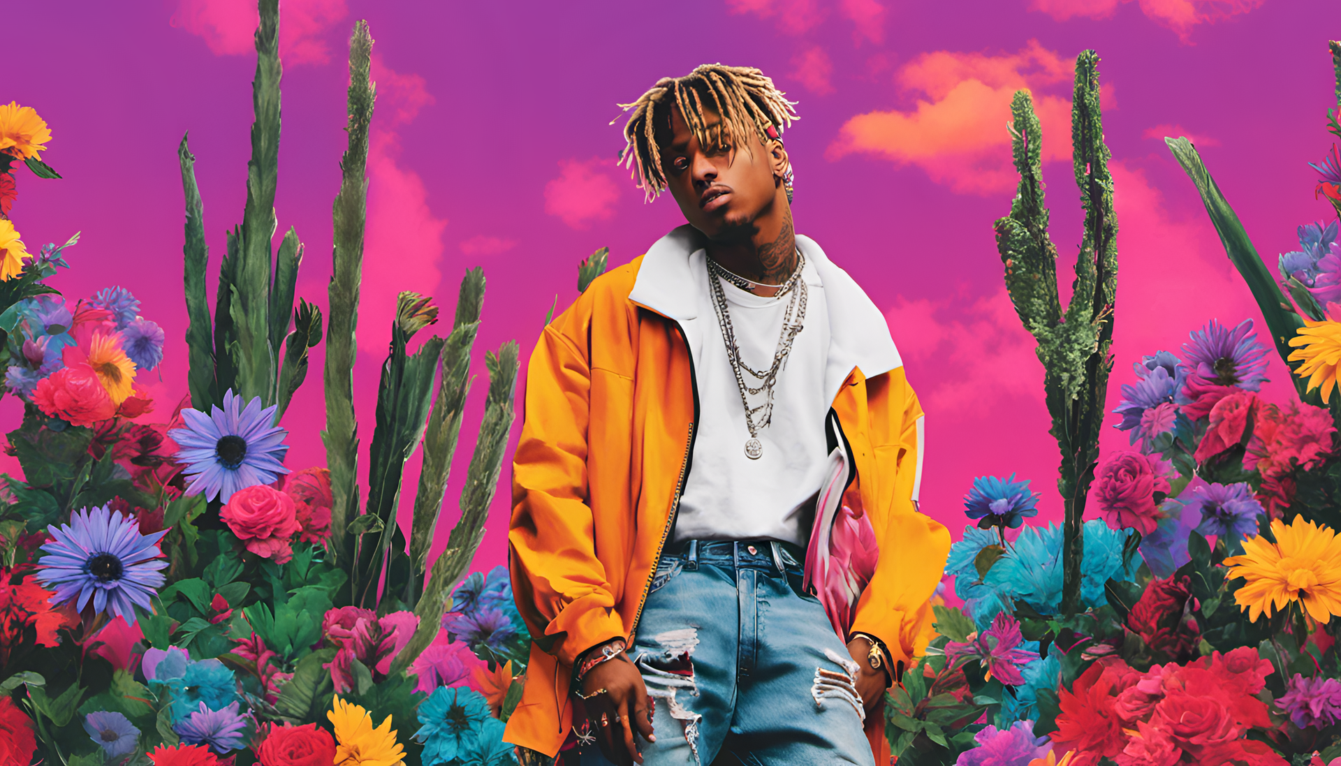 Juice Wrld surrounded by colorful background.