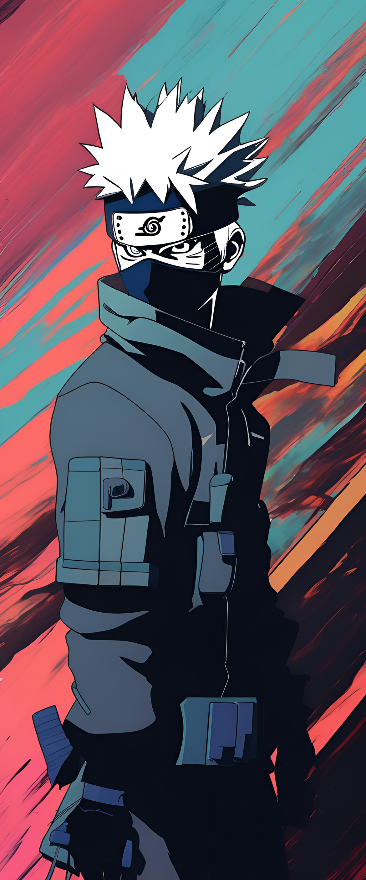 Kakashi Hatake, an animated character, against a glitched TV background, makes a dynamic phone wallpaper.