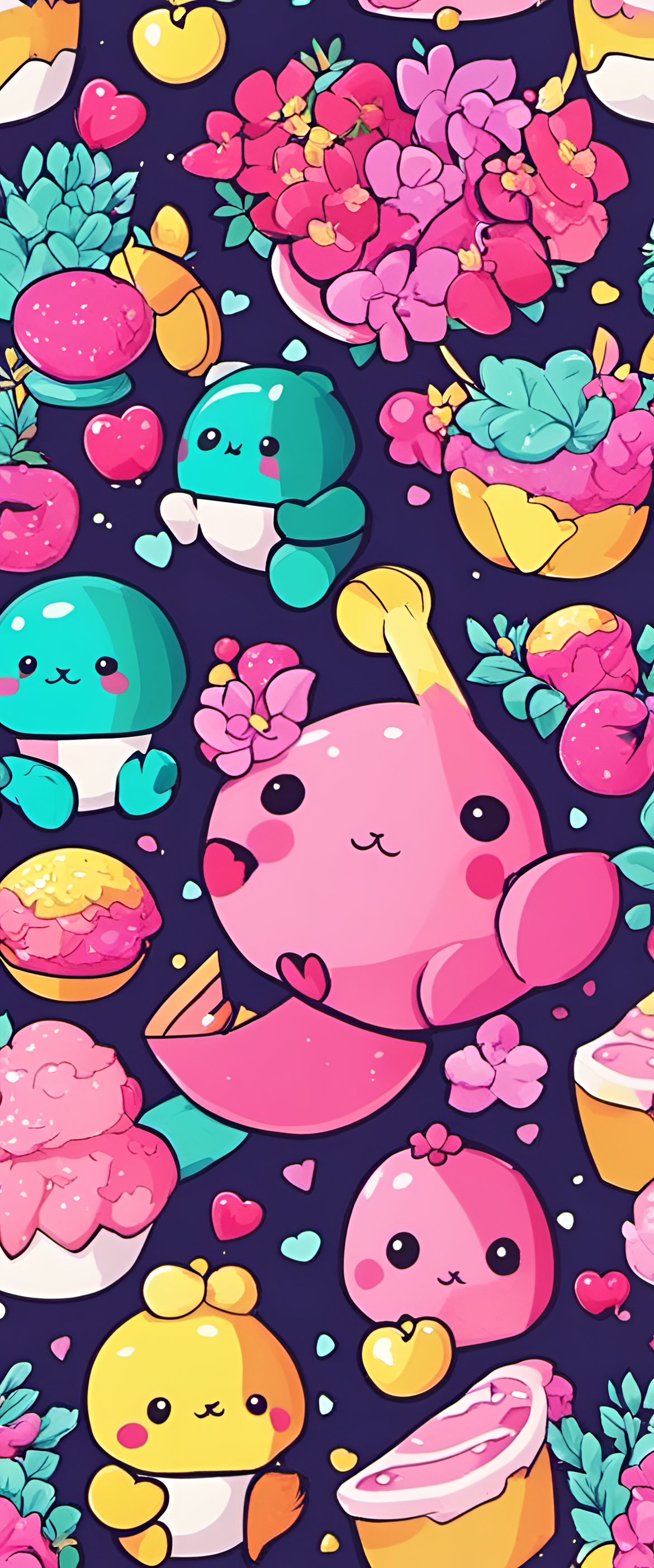 Vibrant kawaii-style phone wallpaper with cute characters, bright colors, and playful patterns.