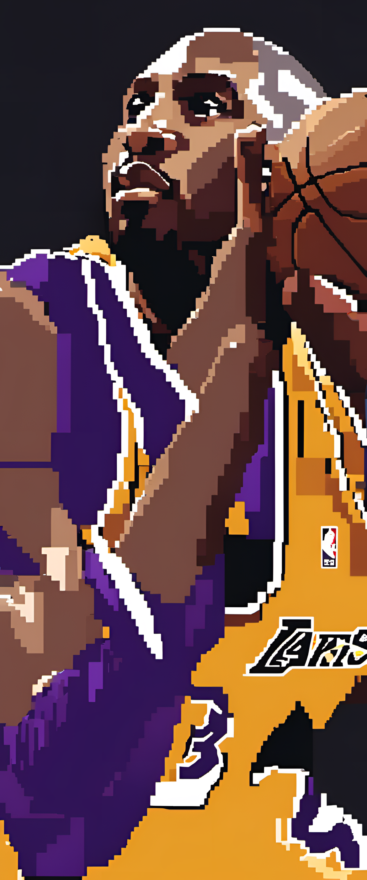 Kobe Bryant minimalist pixel art in yellow and purple.