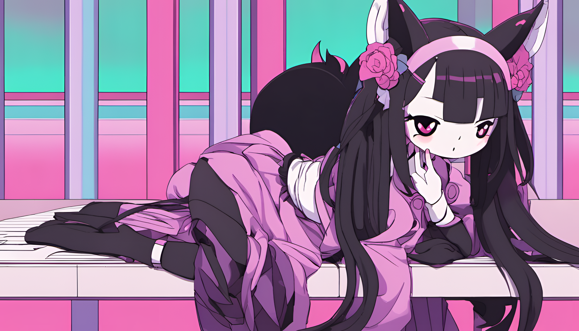 Kuromi in vibrant vaporwave style.