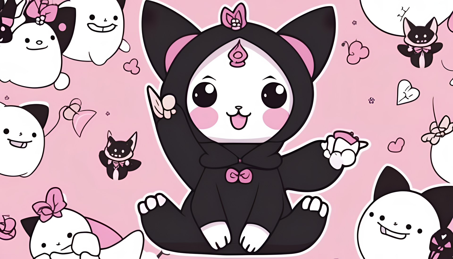 Playful Kuromi character with a mischievous expression, set against a vibrant background.