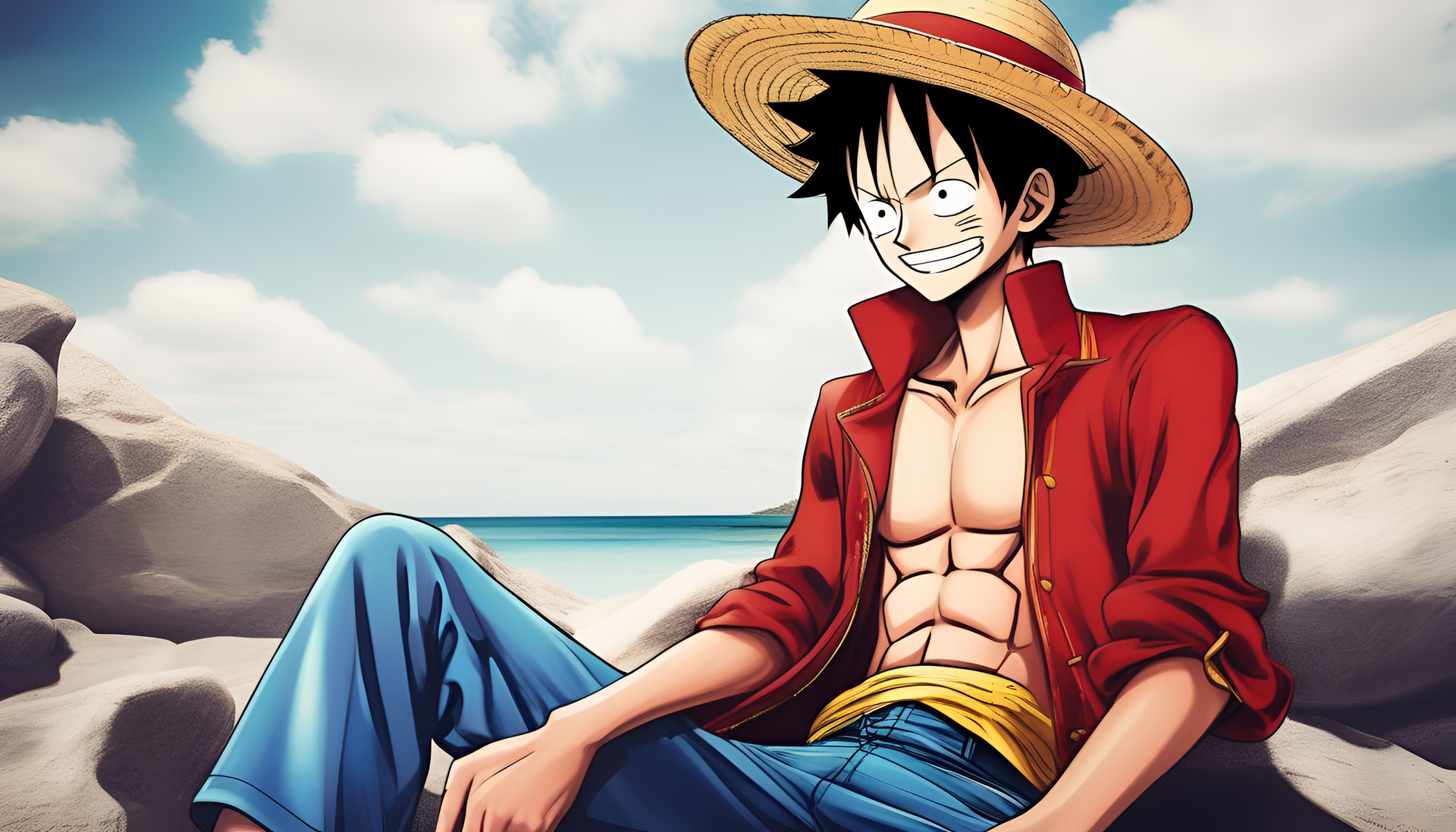 Stylized high fashion portrait of Luffy against a vibrant background.