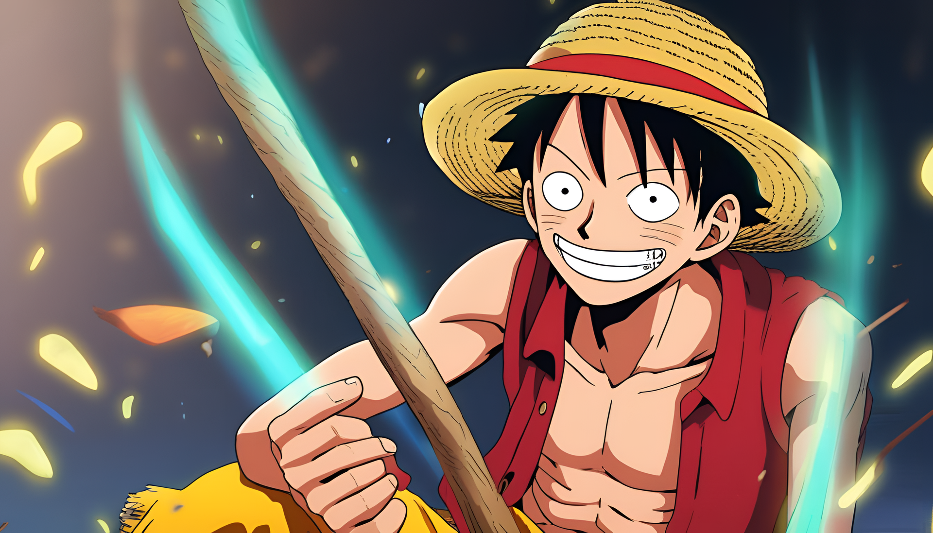 Playful cartoon character with straw hat and scar, against a vibrant background of contrasting colors.