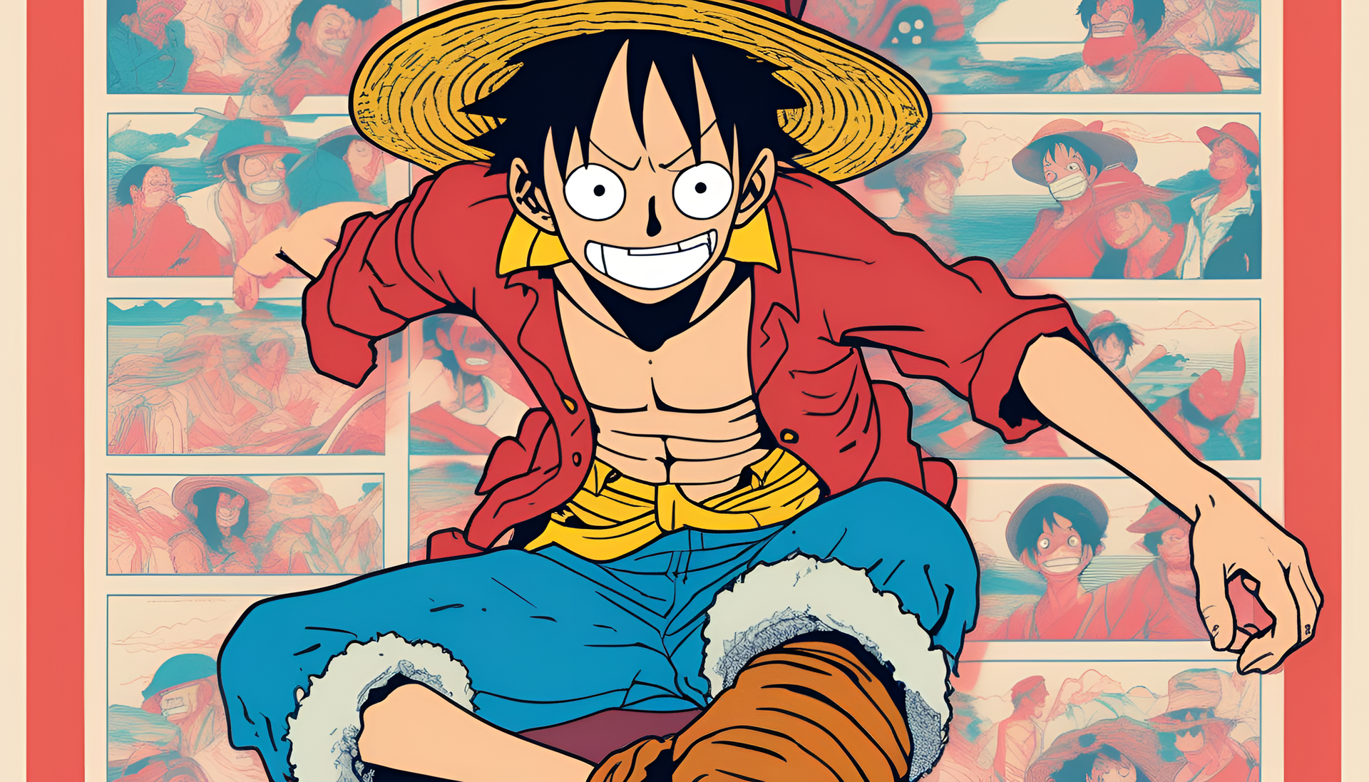 Abstract artwork featuring a vibrant, risograph-inspired design of Luffy from One Piece.