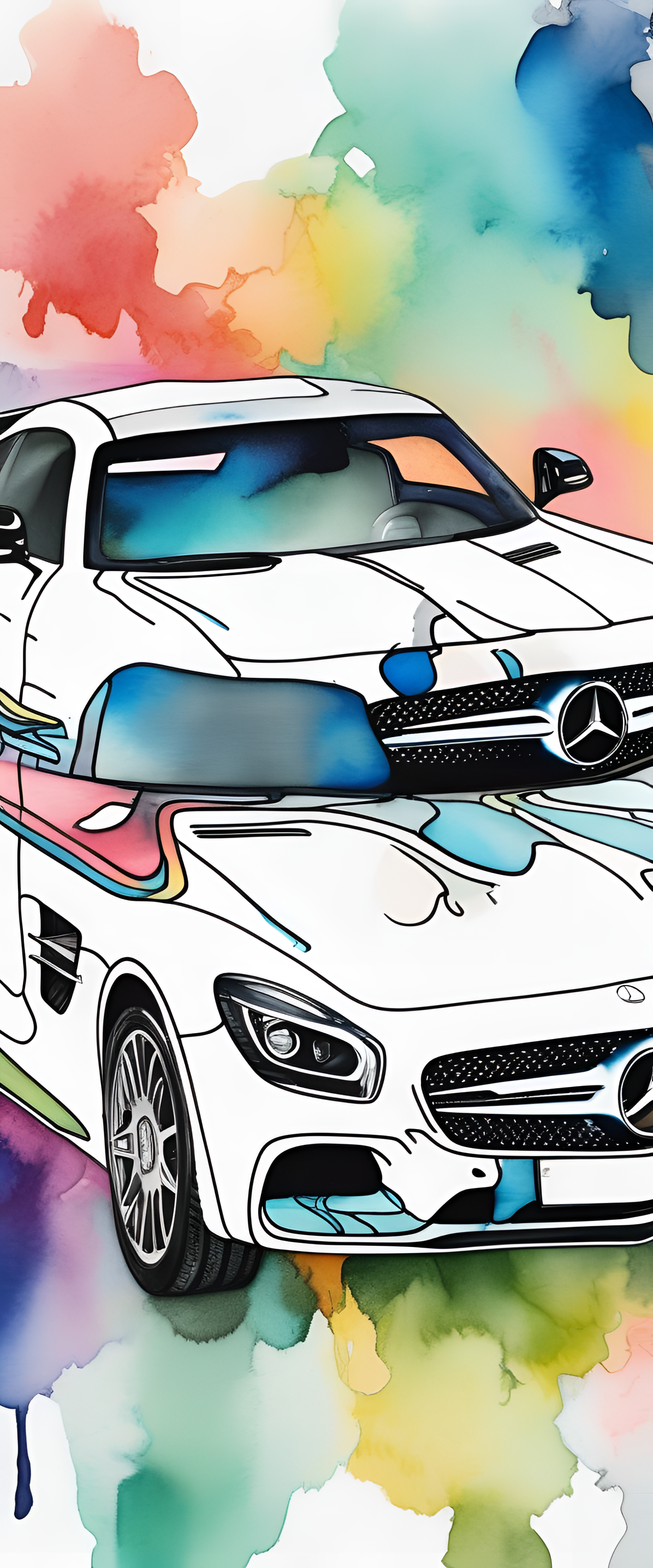 Colorful watercolor mercedes w14 wallpaper with ink pen outline on a vibrant background.