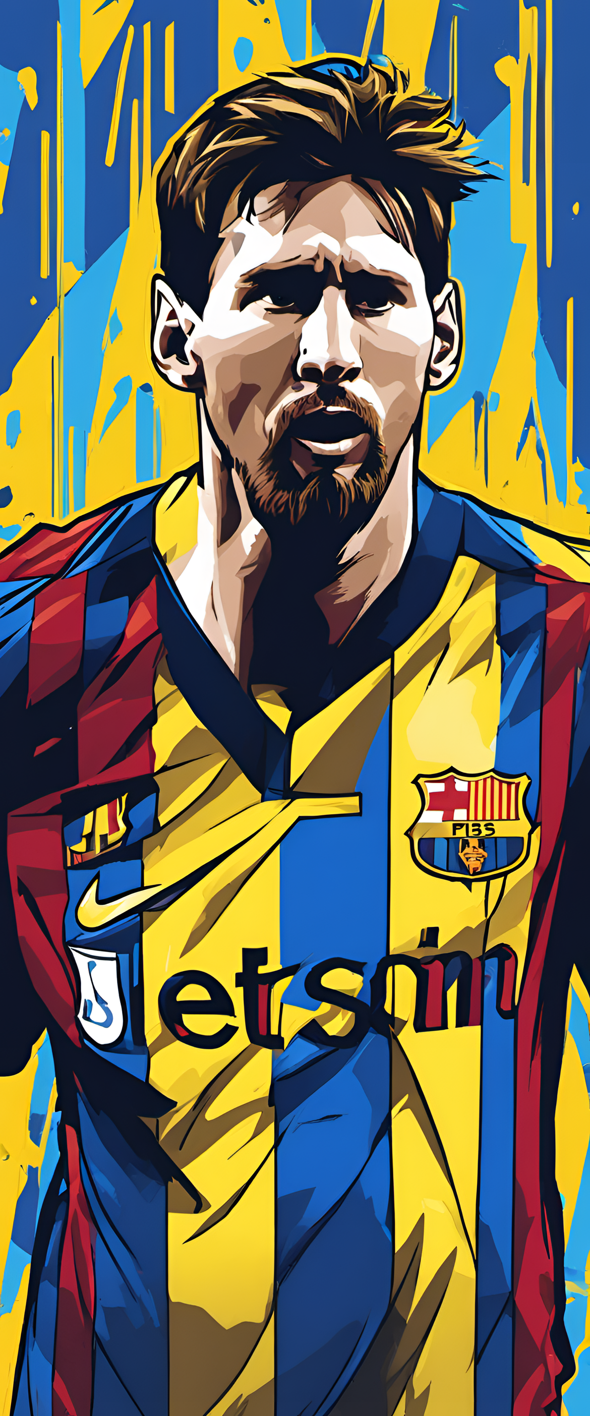 Abstract depiction of Messi in blue and yellow hues, standing out in vibrant colors.