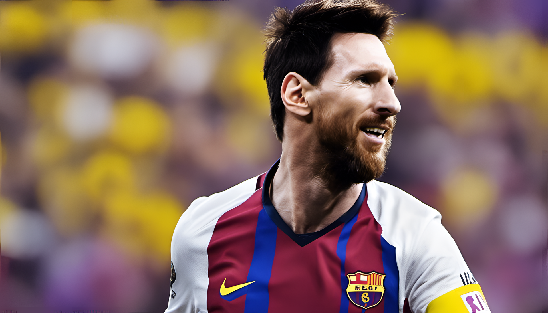 Vibrant portrait of Messi in purple and yellow hues, exuding intensity and grace.