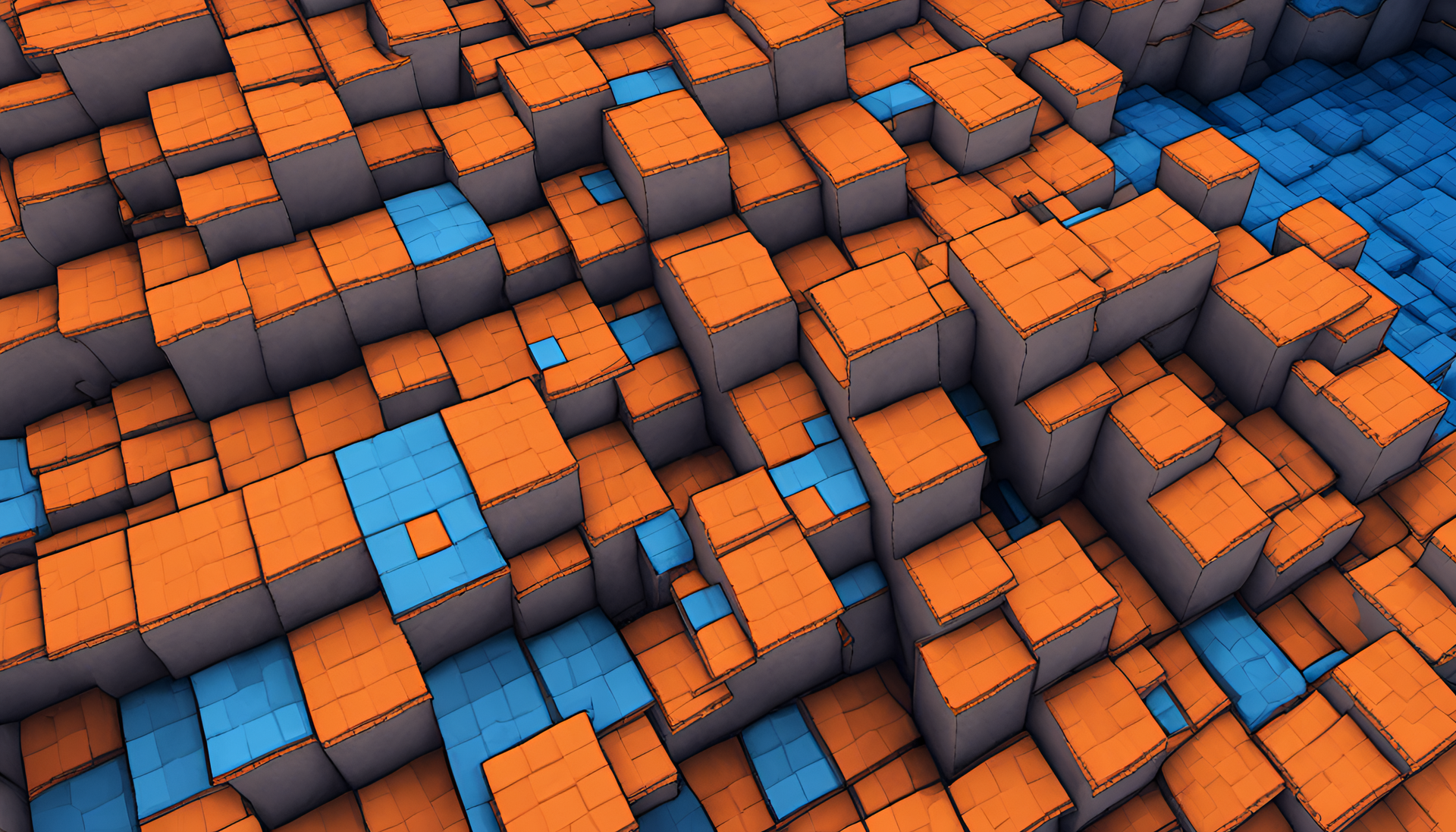 Minecraft landscape with vibrant blue and orange hues.