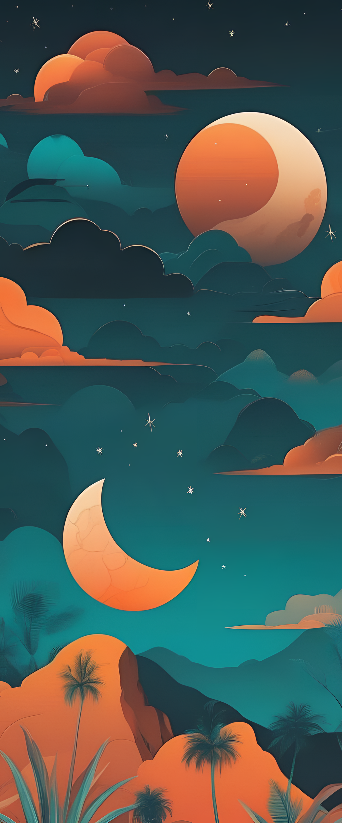 Vibrant moon against turquoise and orange background.