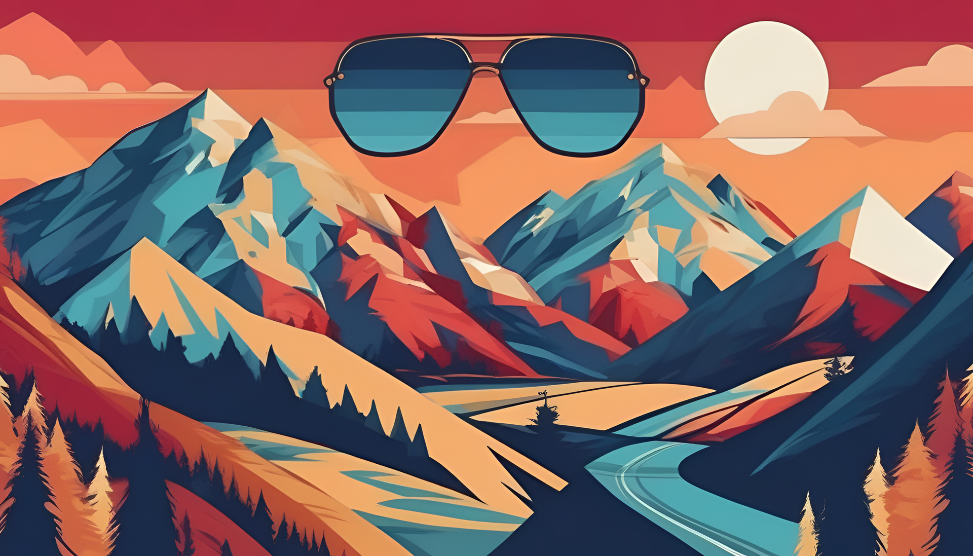 Mountain landscape with sunglasses desktop wallpaper.