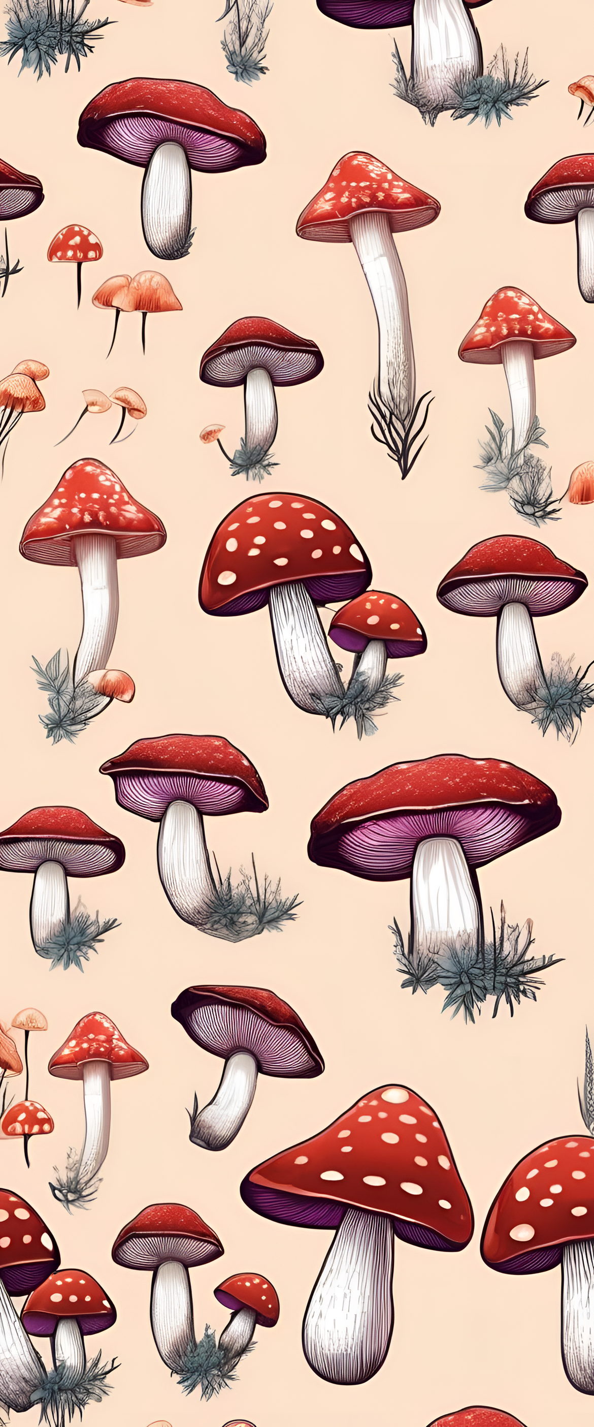 Vibrantly colored mushrooms growing in a dreamy forest.